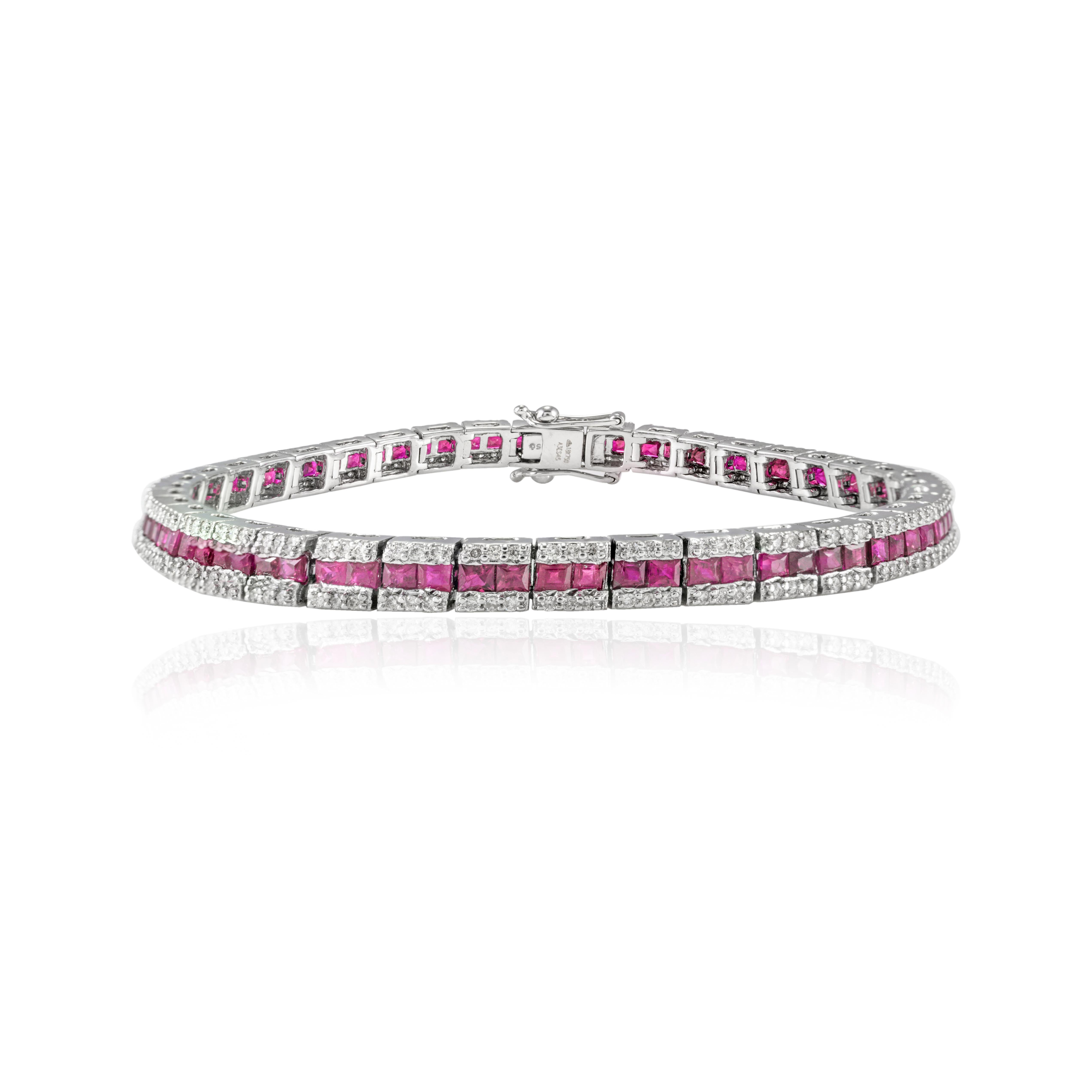 Art Deco Style Ruby and Diamond Wedding Tennis Bracelet in 18k White Gold In New Condition For Sale In Houston, TX