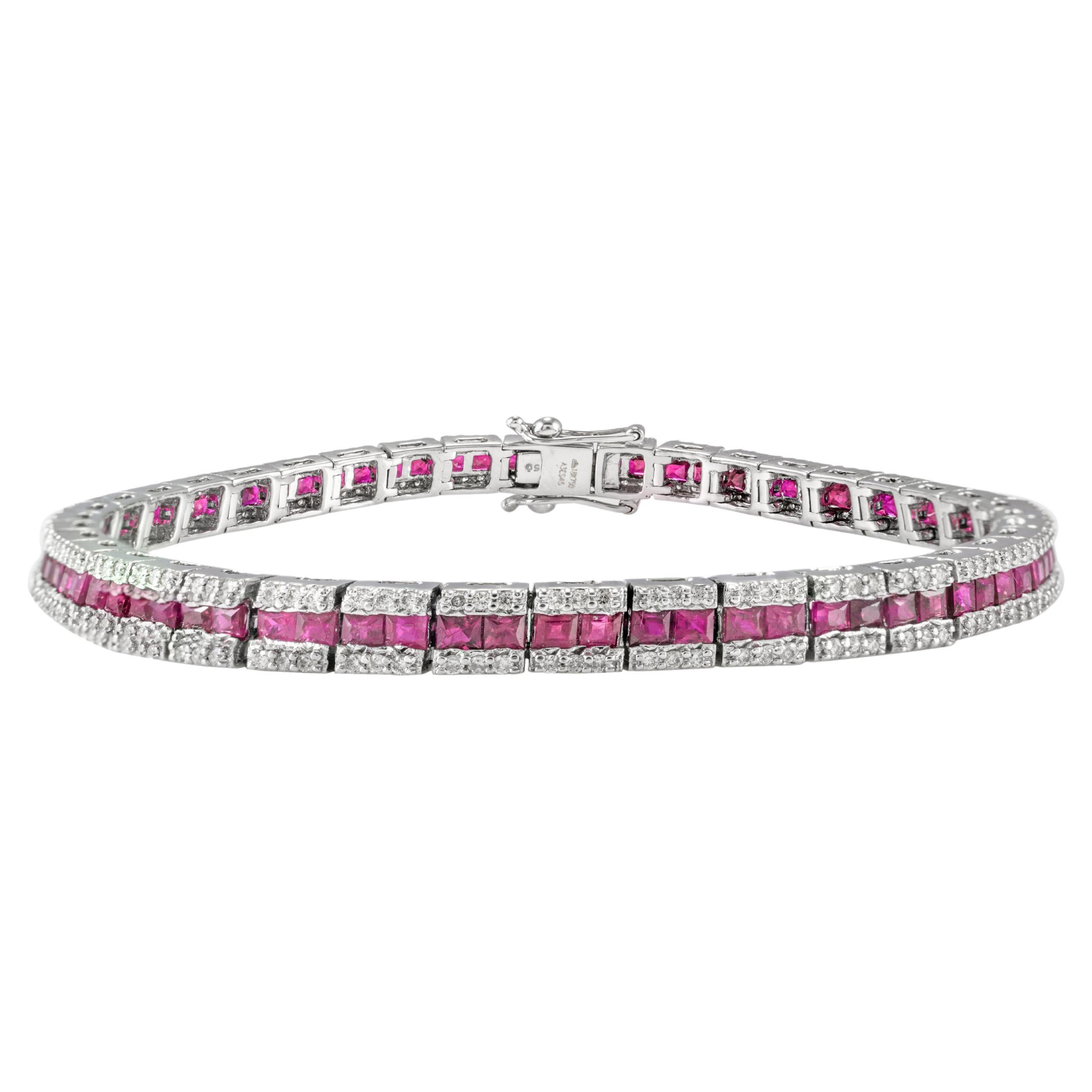 Art Deco Style Ruby and Diamond Wedding Tennis Bracelet in 18k White Gold For Sale