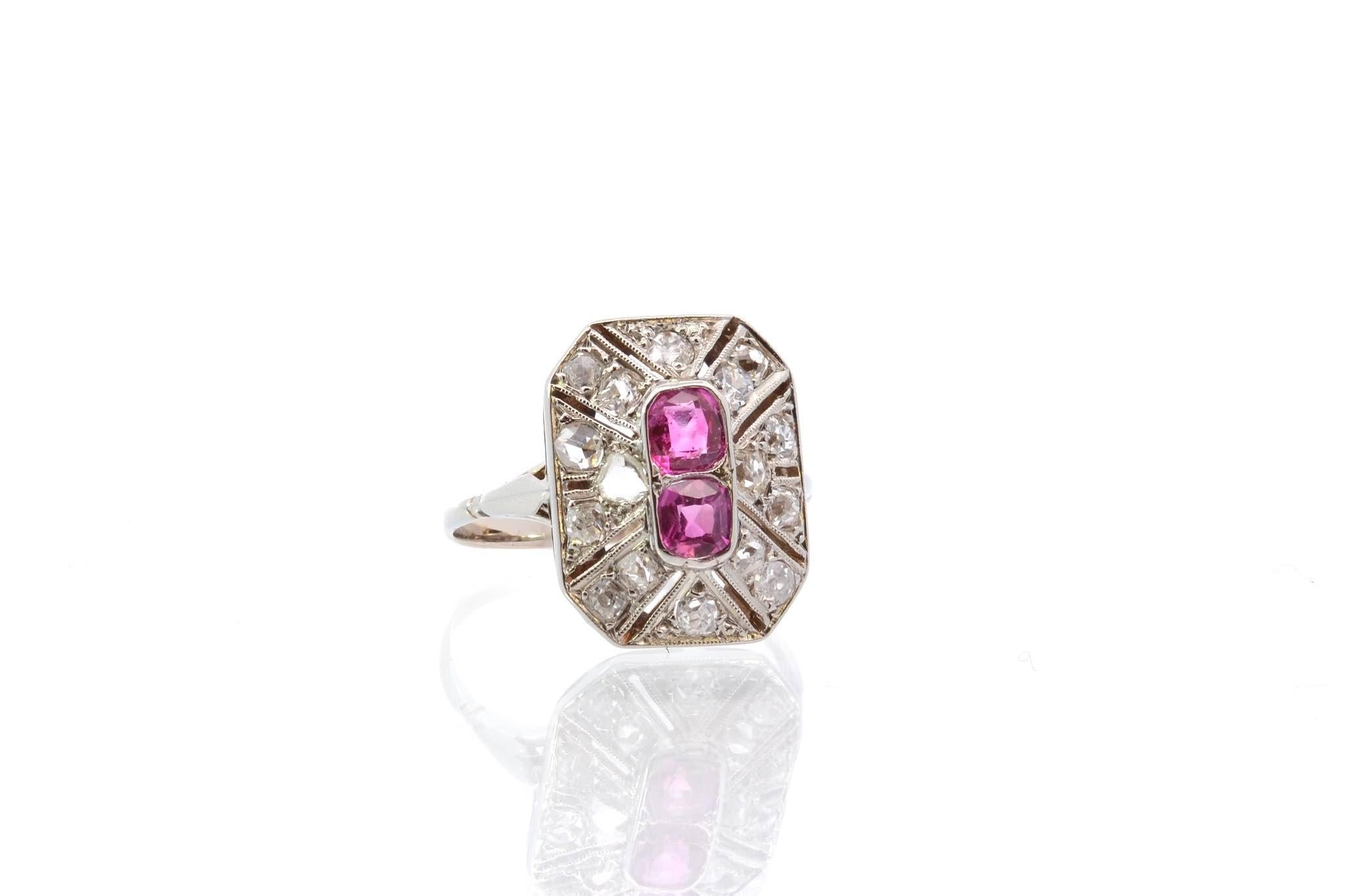 Art Deco Art deco ruby and diamonds ring in 18k white gold For Sale