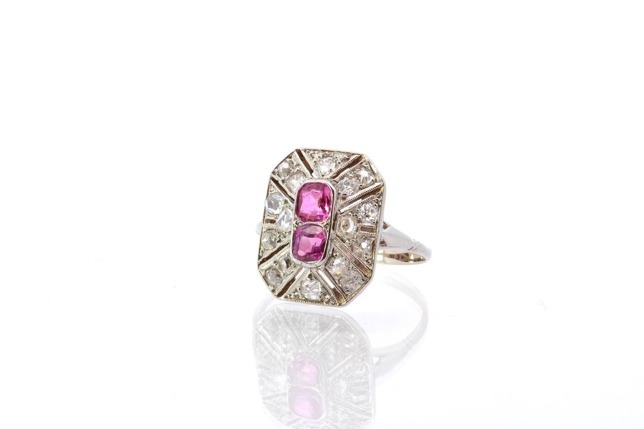 Oval Cut Art deco ruby and diamonds ring in 18k white gold For Sale