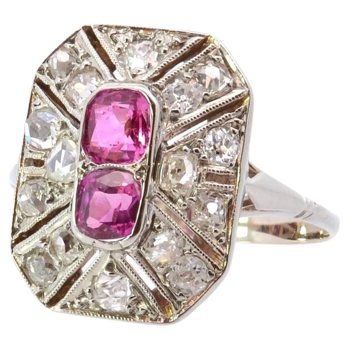 Art deco ruby and diamonds ring in 18k white gold For Sale