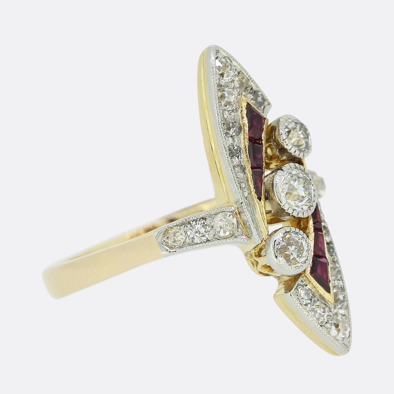 Old European Cut Art Deco Ruby and Old Cut Diamond Navette Ring For Sale