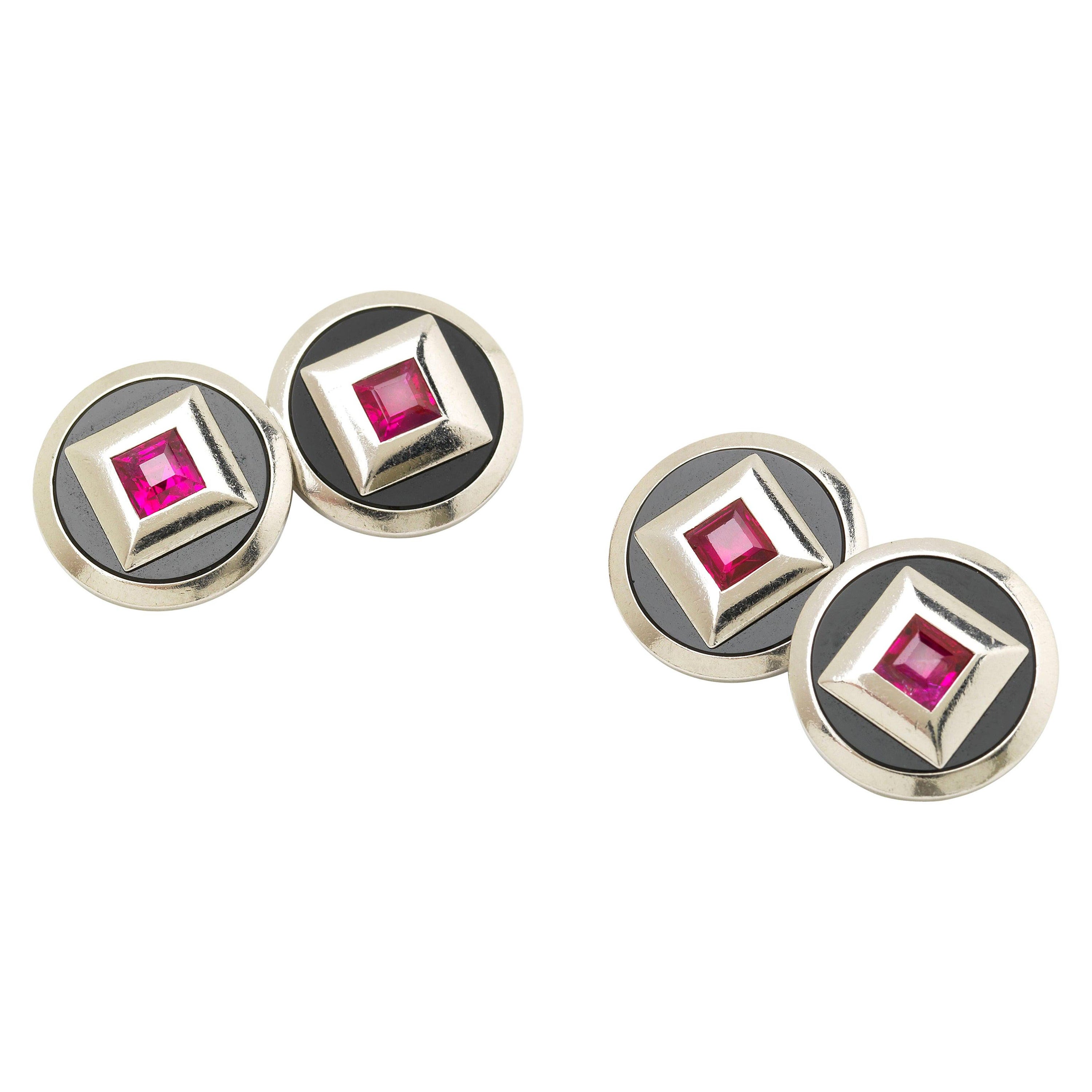 Art Deco Ruby and Onyx Platinum Cufflinks, circa 1930