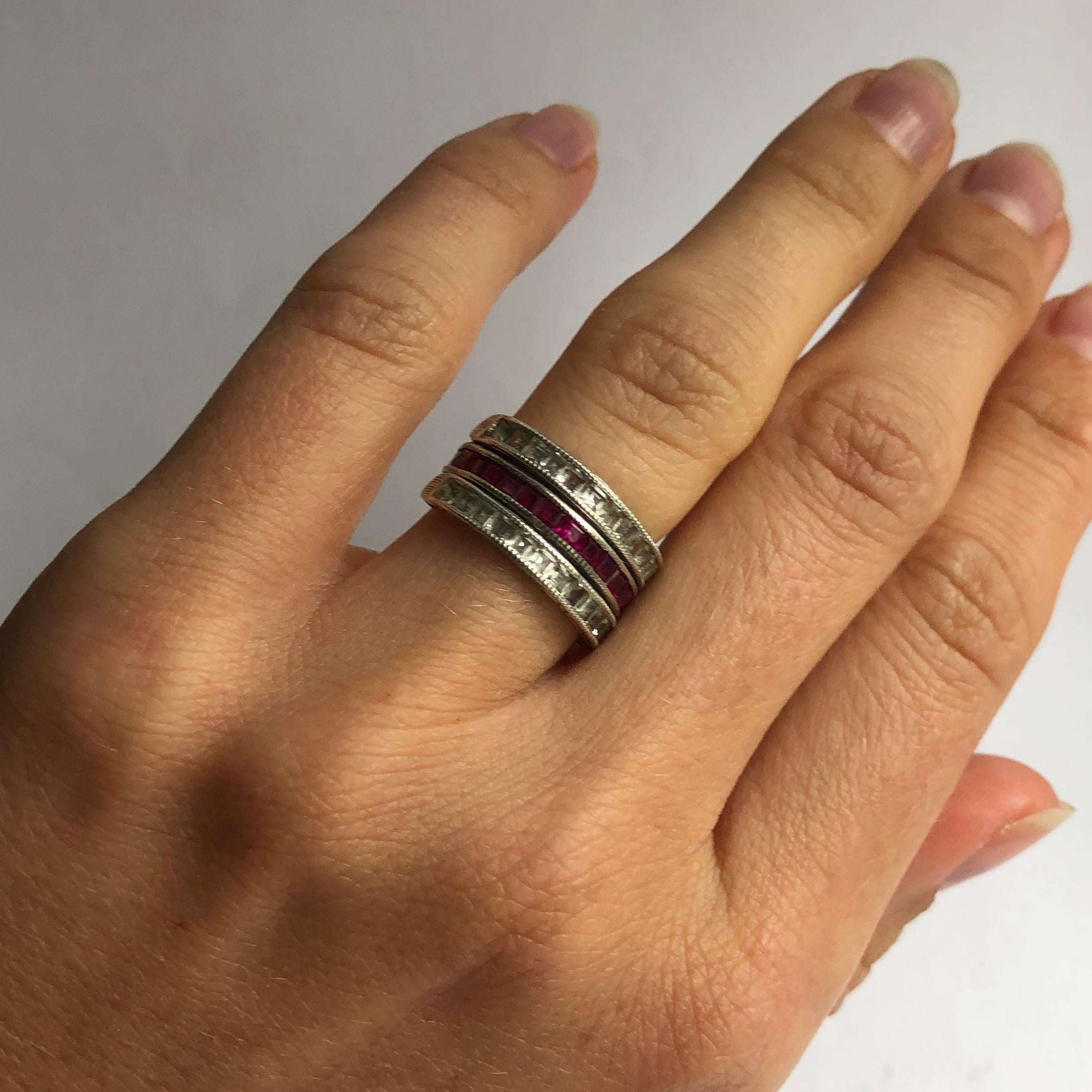 Art Deco Ruby, Blue and White Sapphire Day/Night White Gold Eternity Band In Excellent Condition In Chipping Campden, GB