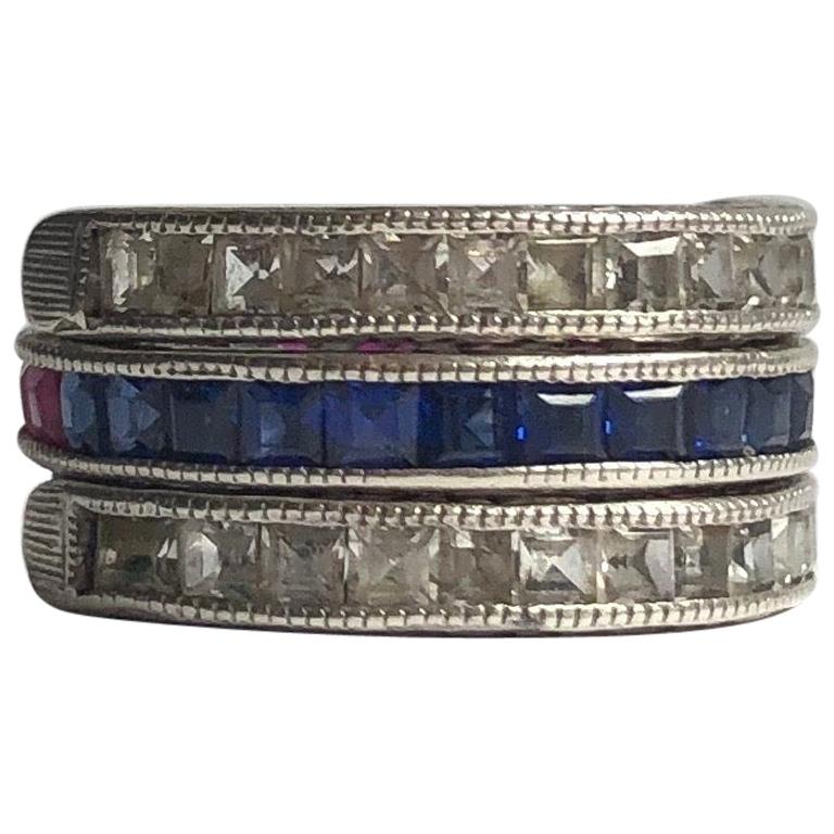 Art Deco Ruby, Blue and White Sapphire Day/Night White Gold Eternity Band