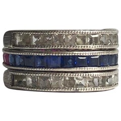 Art Deco Ruby, Blue and White Sapphire Day/Night White Gold Eternity Band