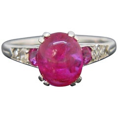 Art Deco Ruby Cabochon and Diamonds Platinum Ring