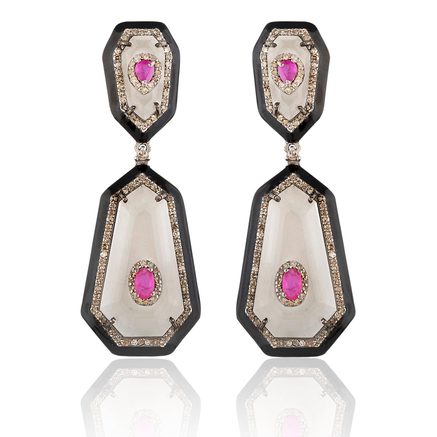 Single Cut Art Deco Ruby, Crystal & Enamel Earrings For Sale