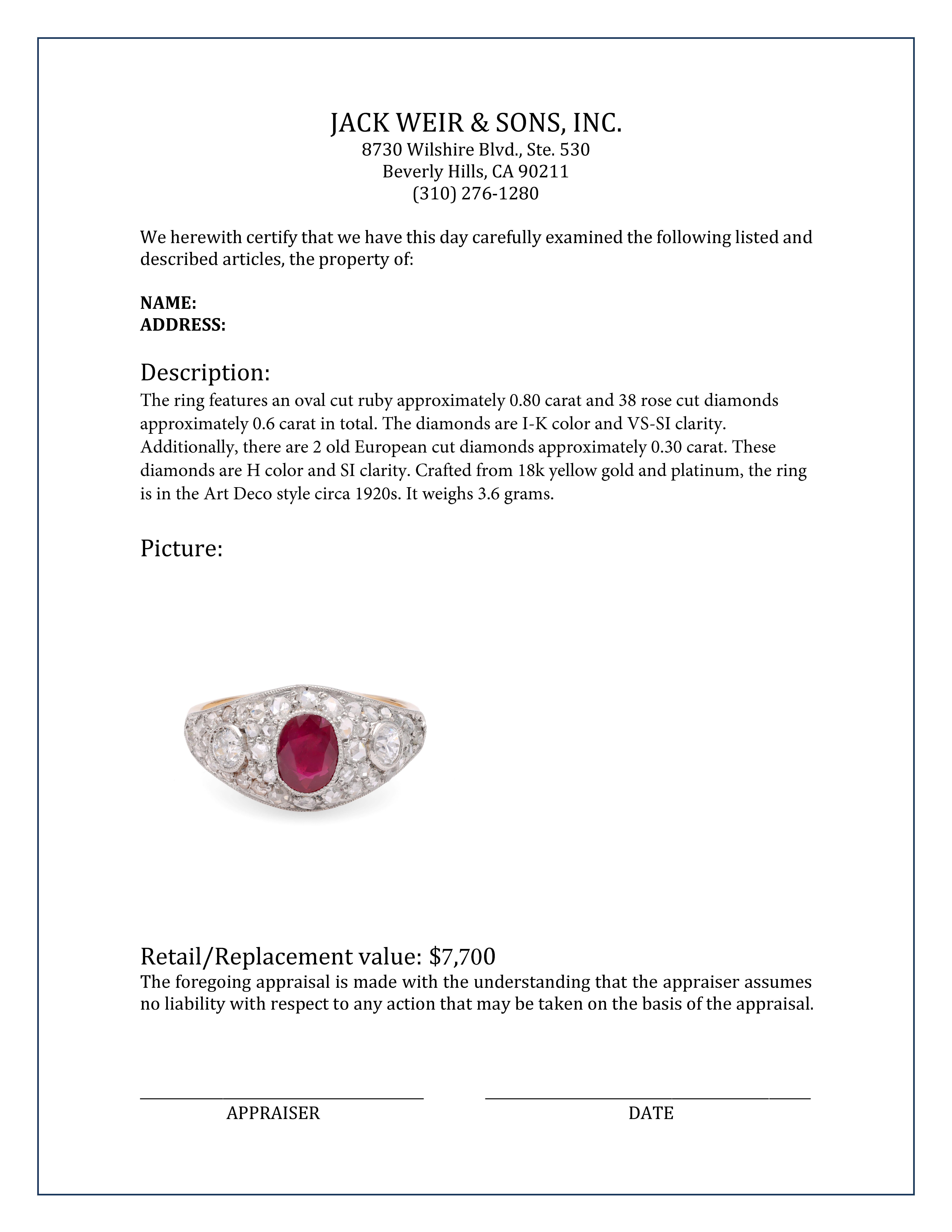 Oval cut ruby approx 0.80 carat 
38 rose cut diamonds approx 0.6 carat
I-K color 
VS-SI clarity 
2 old european cut diamonds approx 0.30 carat
H color
SI clarity 
18k yellow gold and platinum 
Art Deco style circa 1920s 
Rings size 6 and can be