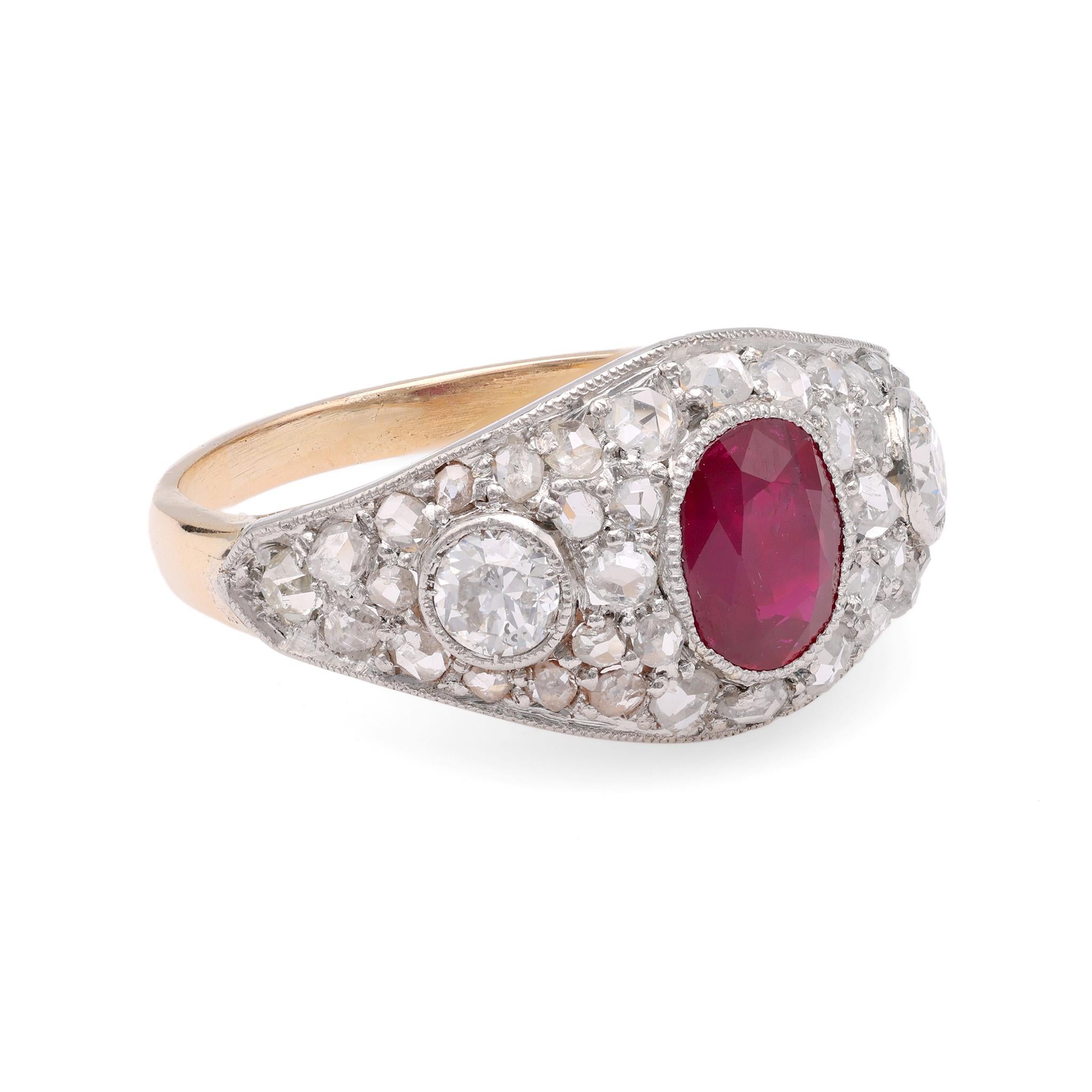 Oval Cut Art Deco Ruby Diamond 18k & Platinum Ring