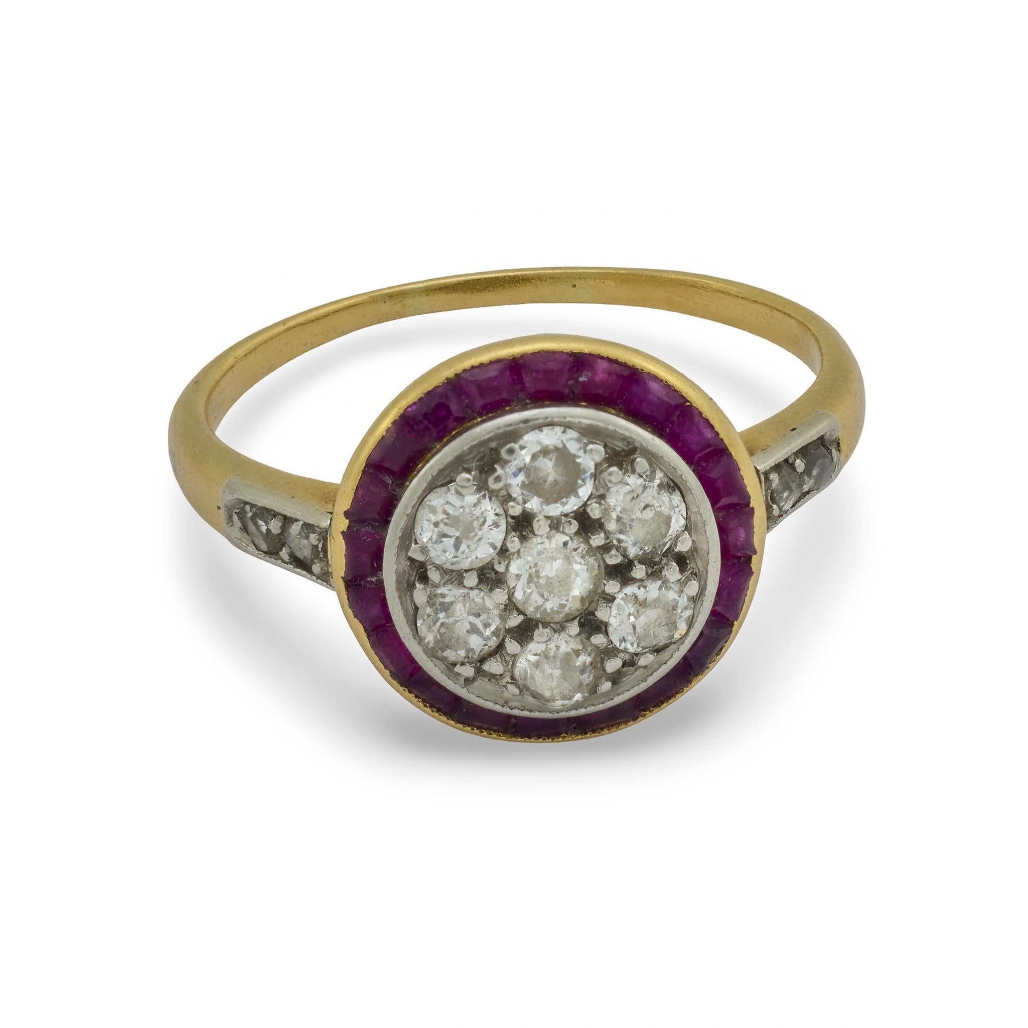 Old European Cut Art Deco ruby diamond 18k yellow gold target ring For Sale