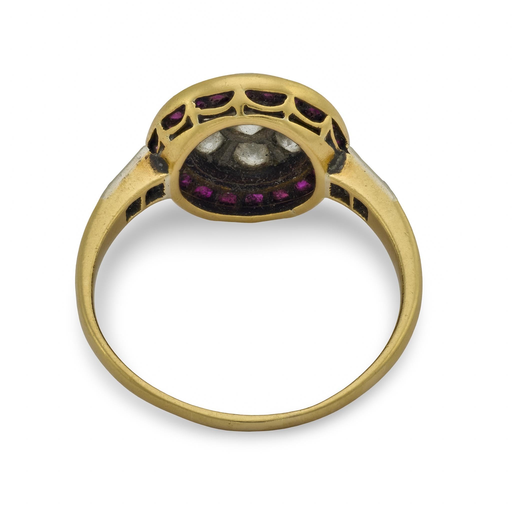 Women's Art Deco ruby diamond 18k yellow gold target ring For Sale