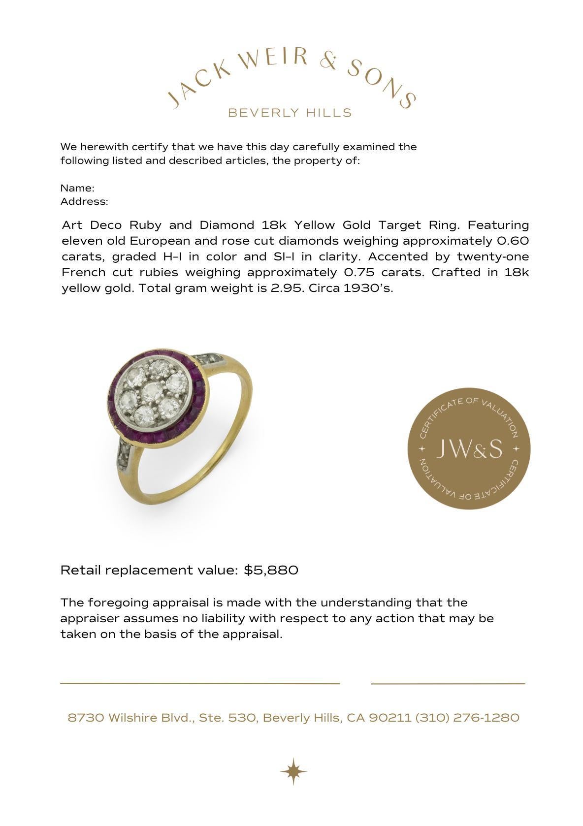 Art Deco ruby diamond 18k yellow gold target ring For Sale 2