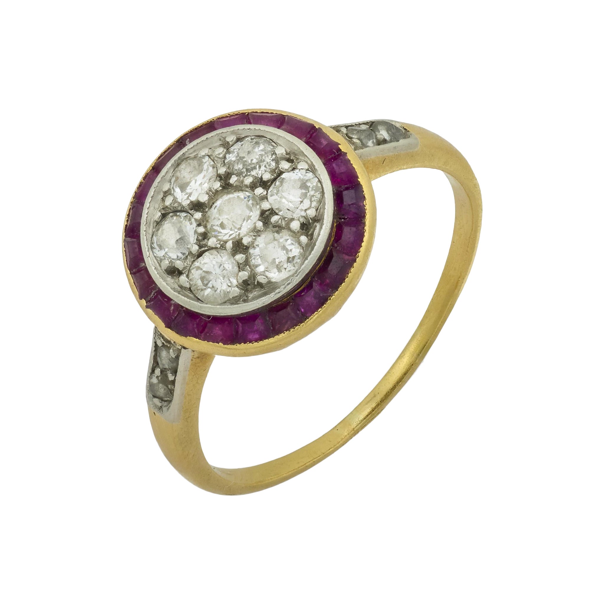 Art Deco ruby diamond 18k yellow gold target ring For Sale