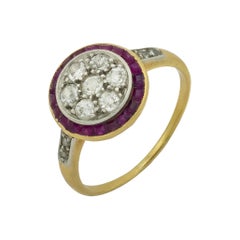 Art Deco ruby diamond 18k yellow gold target ring