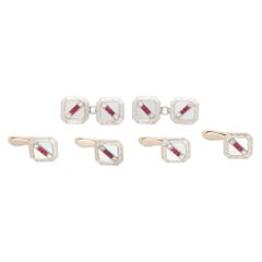 Art Deco Ruby, Diamond and Mother of Pearl Cufflink and Shirt Stud Dress Set