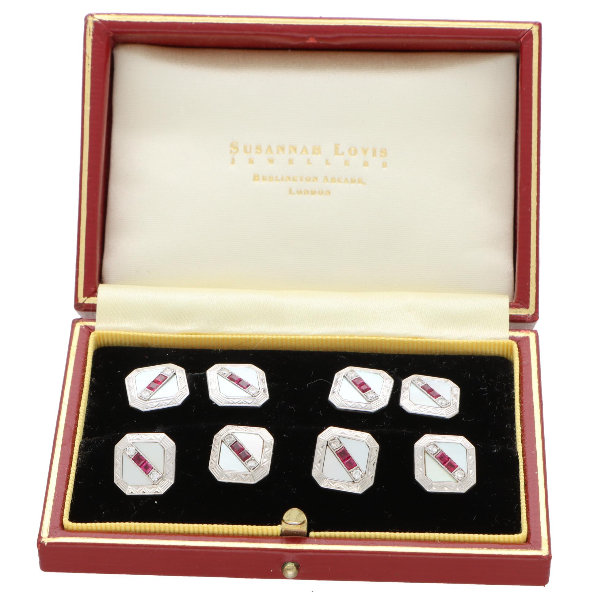 Round Cut Art Deco Ruby, Diamond and Mother of Pearl Cufflink and Shirt Stud Dress Set