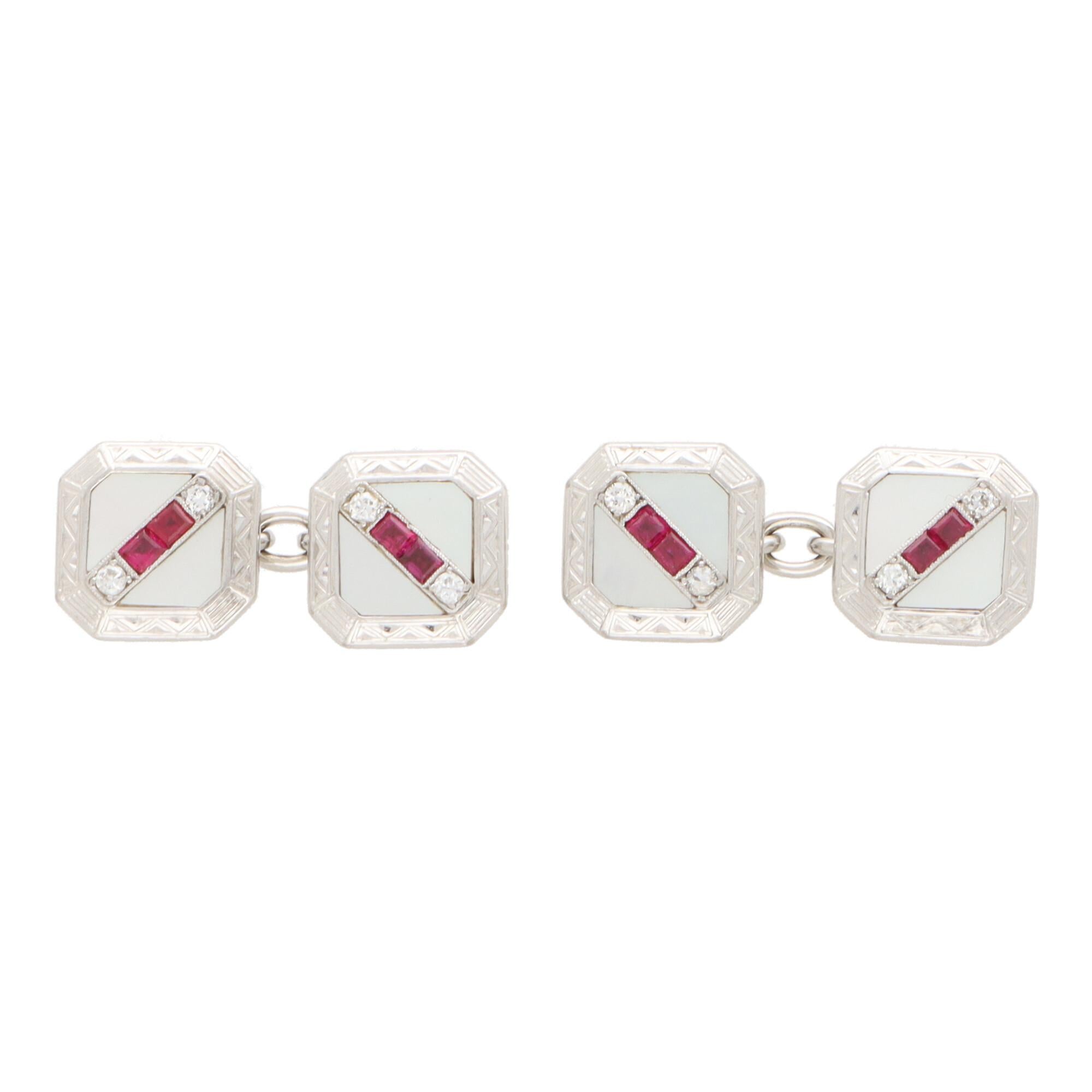 Art Deco Ruby, Diamond and Mother of Pearl Cufflink and Shirt Stud Dress Set In Good Condition In London, GB