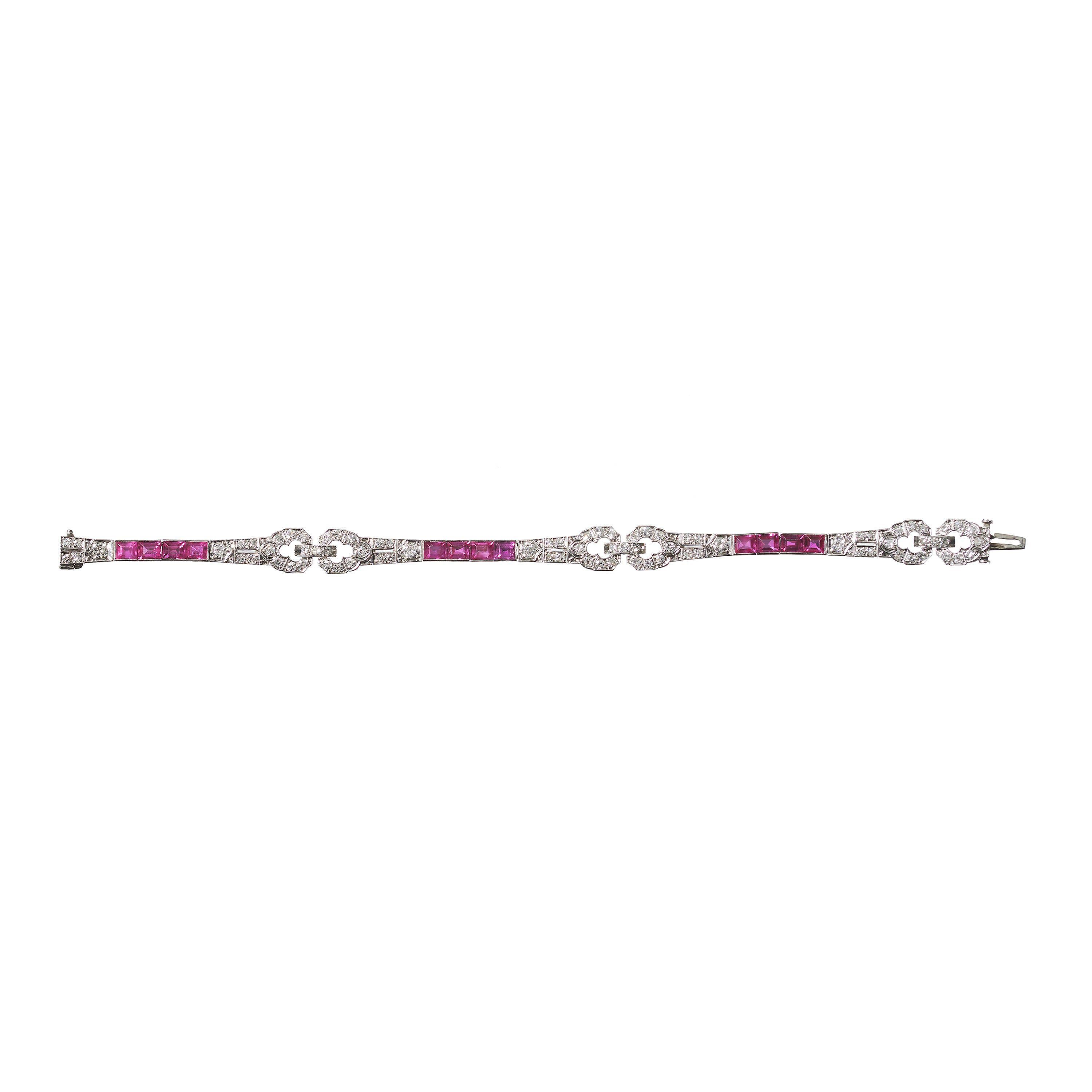 Women's Art Deco Ruby, Diamond And Platinum Bracelet, Circa 1935 For Sale