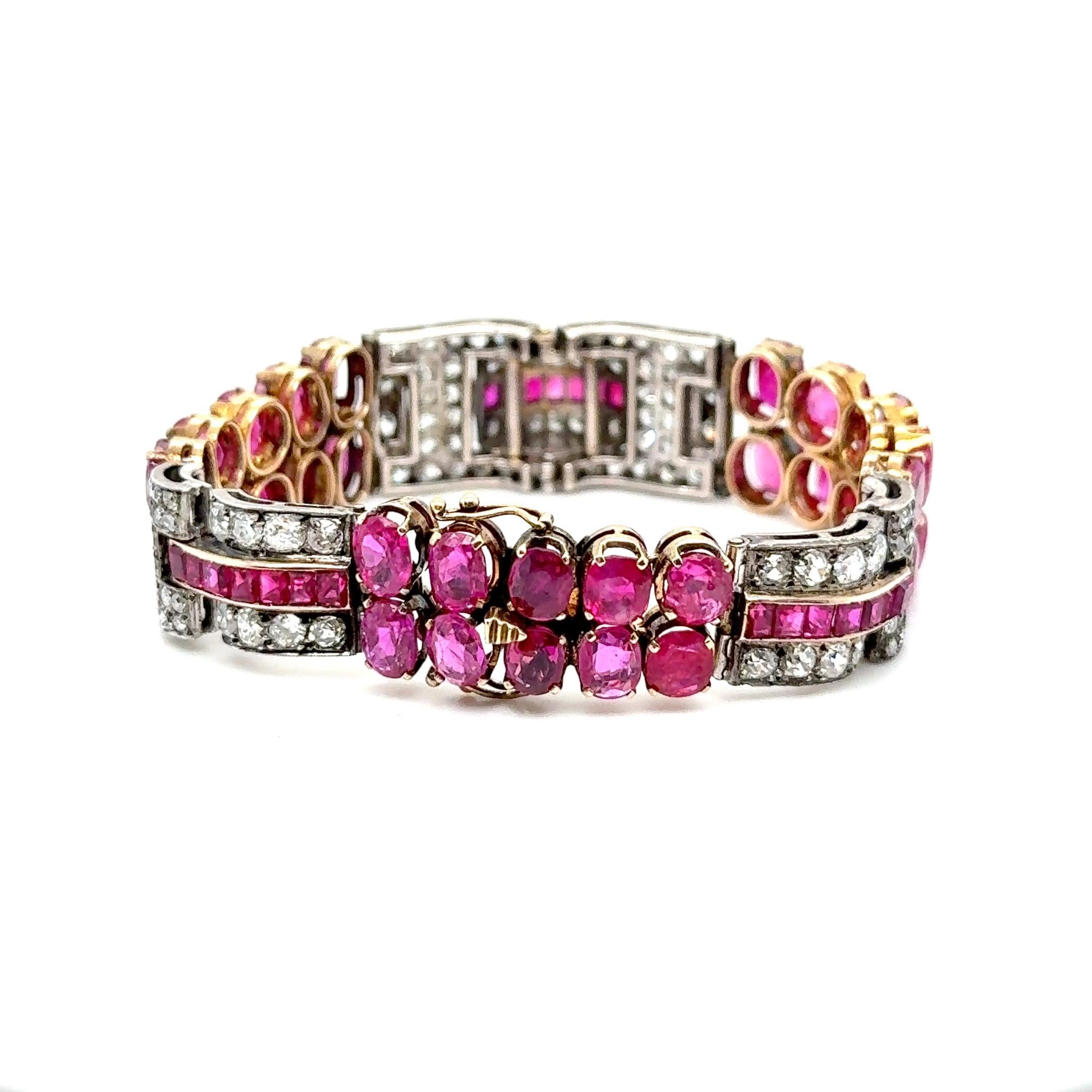 Art Deco Ruby & Diamond Bracelet in 18K Yellow Gold and Silver For Sale 5