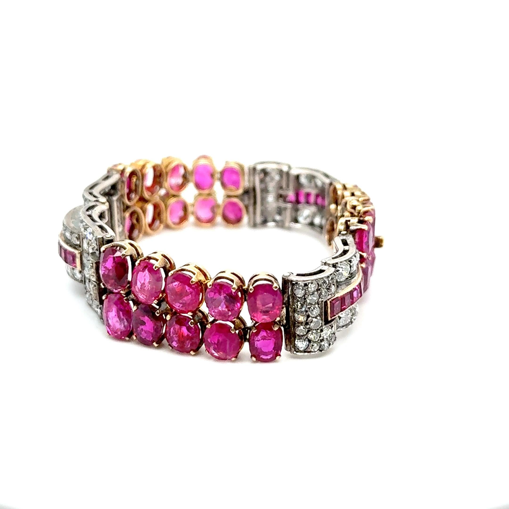 Art Deco Ruby & Diamond Bracelet in 18K Yellow Gold and Silver For Sale 6