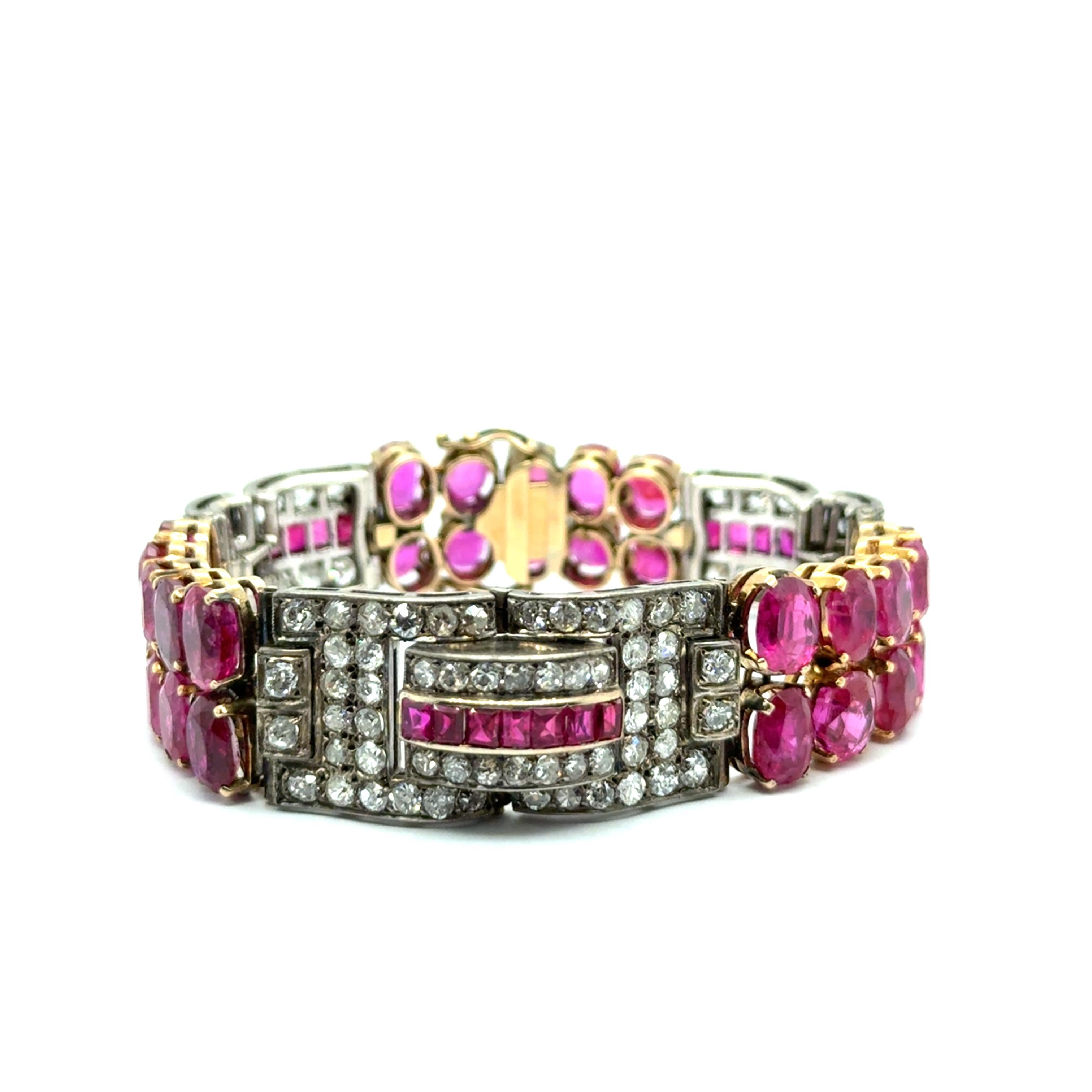 Art Deco Ruby & Diamond Bracelet in 18K Yellow Gold and Silver For Sale 7