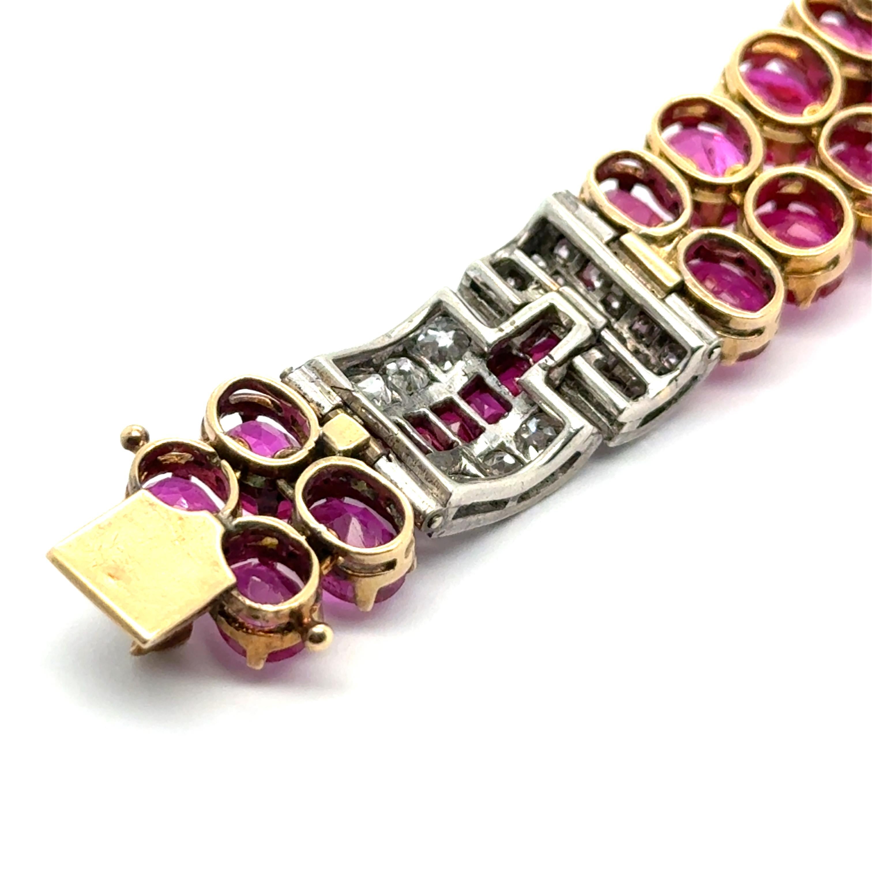 Art Deco Ruby & Diamond Bracelet in 18K Yellow Gold and Silver For Sale 8