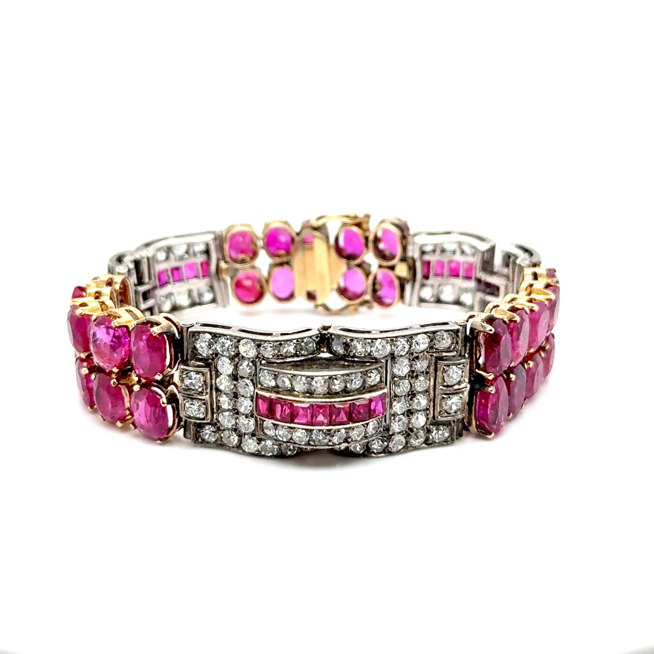 Art Deco Ruby & Diamond Bracelet in 18K Yellow Gold and Silver For Sale 9