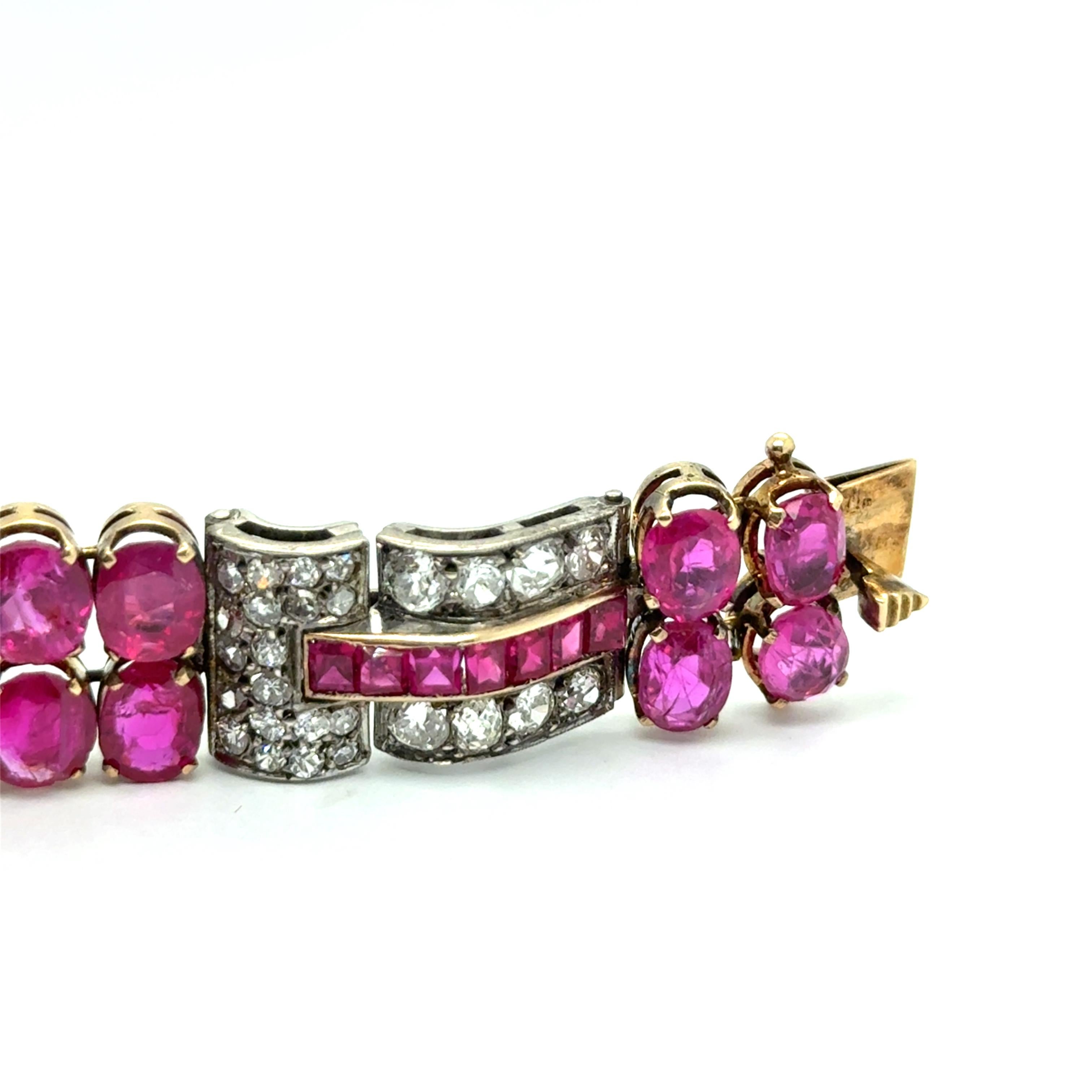 Art Deco Ruby & Diamond Bracelet in 18K Yellow Gold and Silver For Sale 11