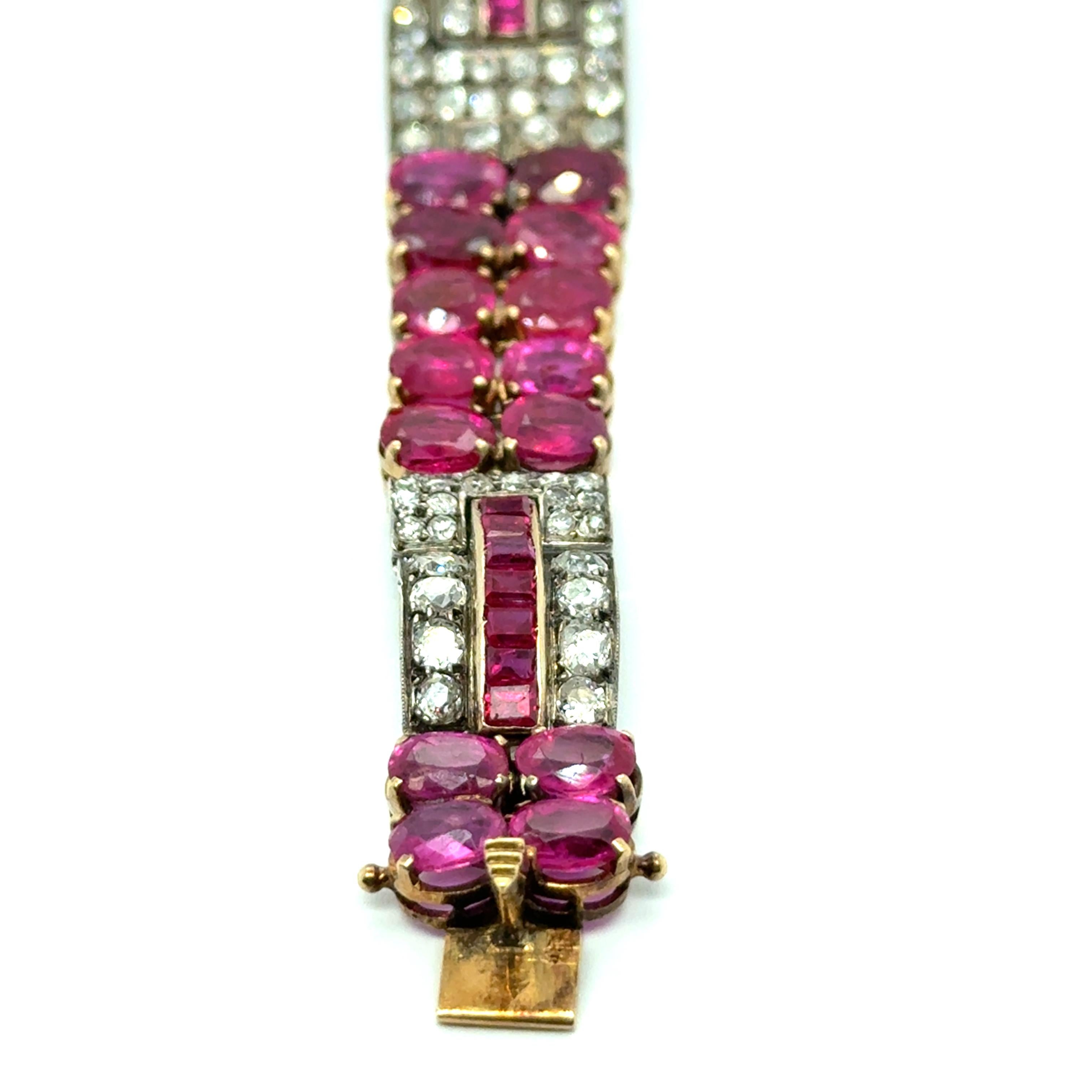 Art Deco Ruby & Diamond Bracelet in 18K Yellow Gold and Silver For Sale 12