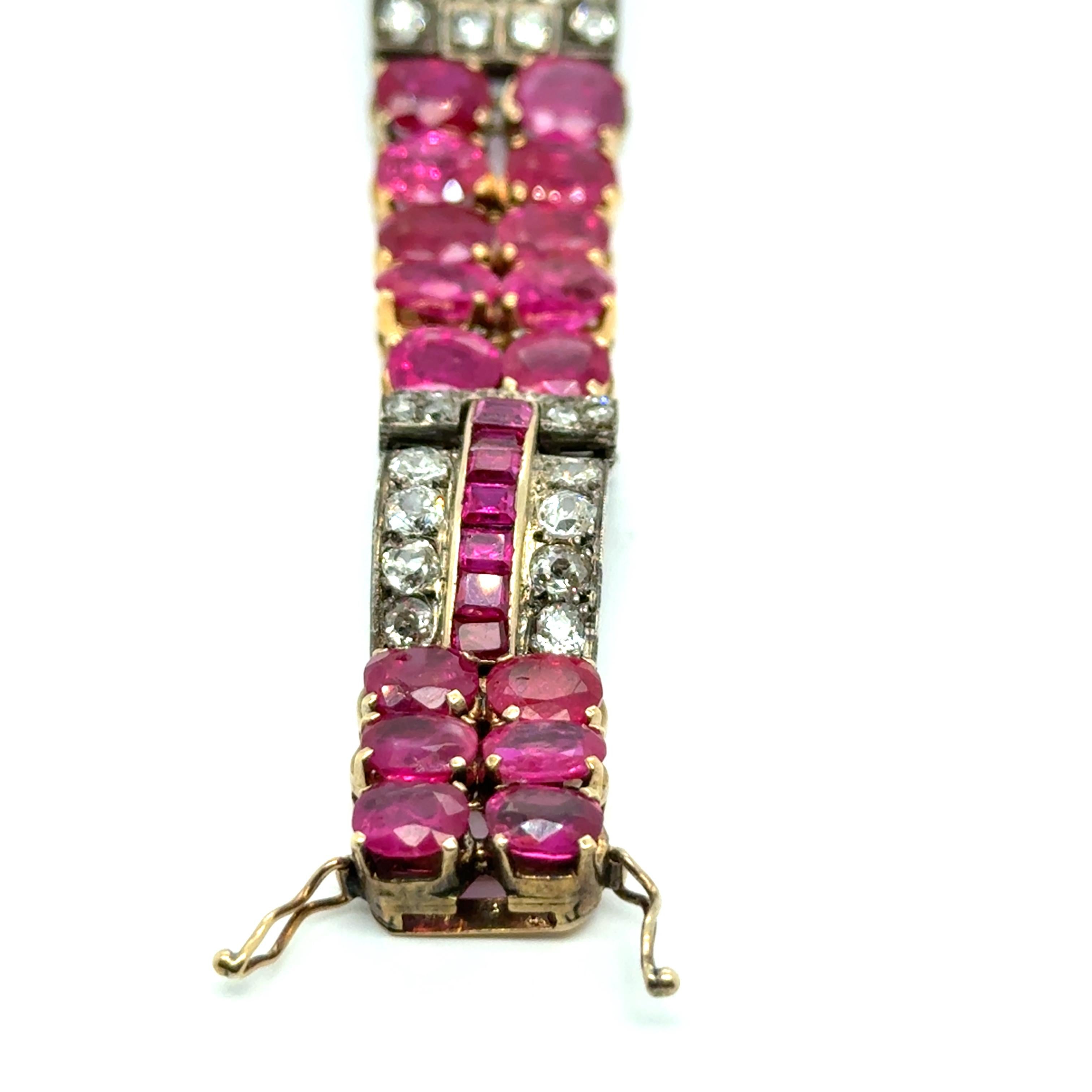 Art Deco Ruby & Diamond Bracelet in 18K Yellow Gold and Silver For Sale 13