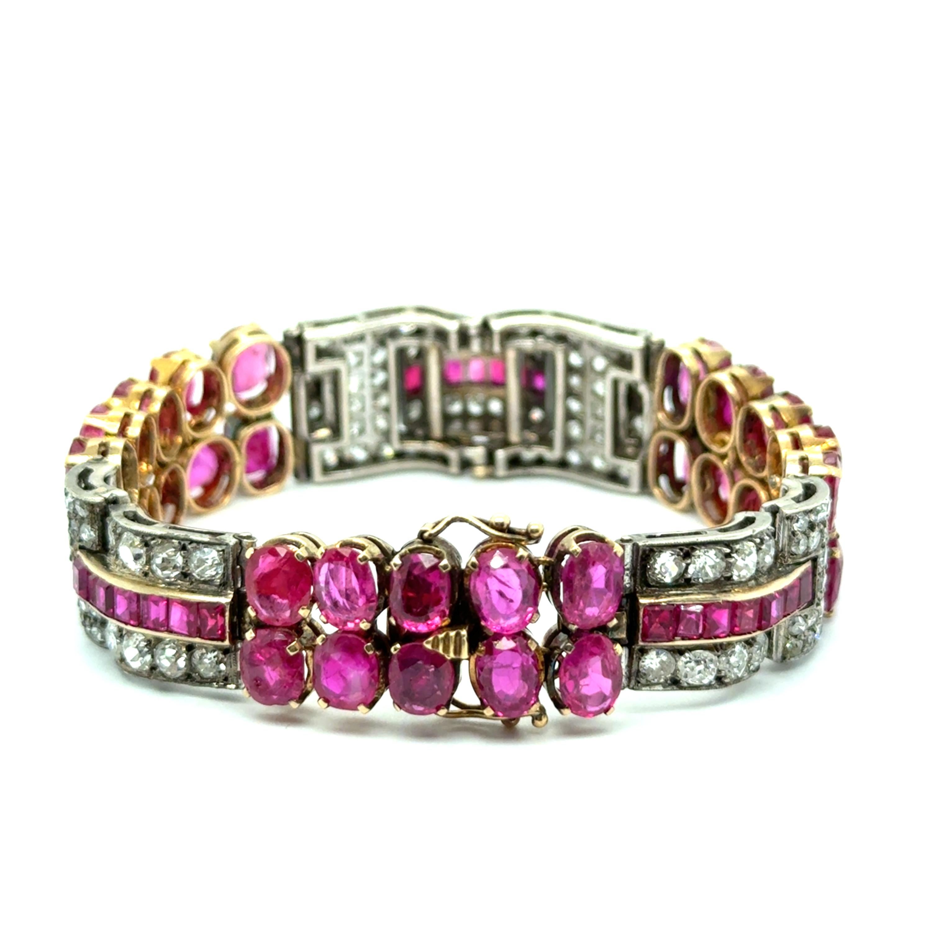 A striking example of early 20th-century elegance, this bracelet captures the bold geometry and refined glamour of the Art Deco era. Crafted in 18 karat yellow gold and silver 925, it features 30 nice transparent pinkish-red rubies totalling