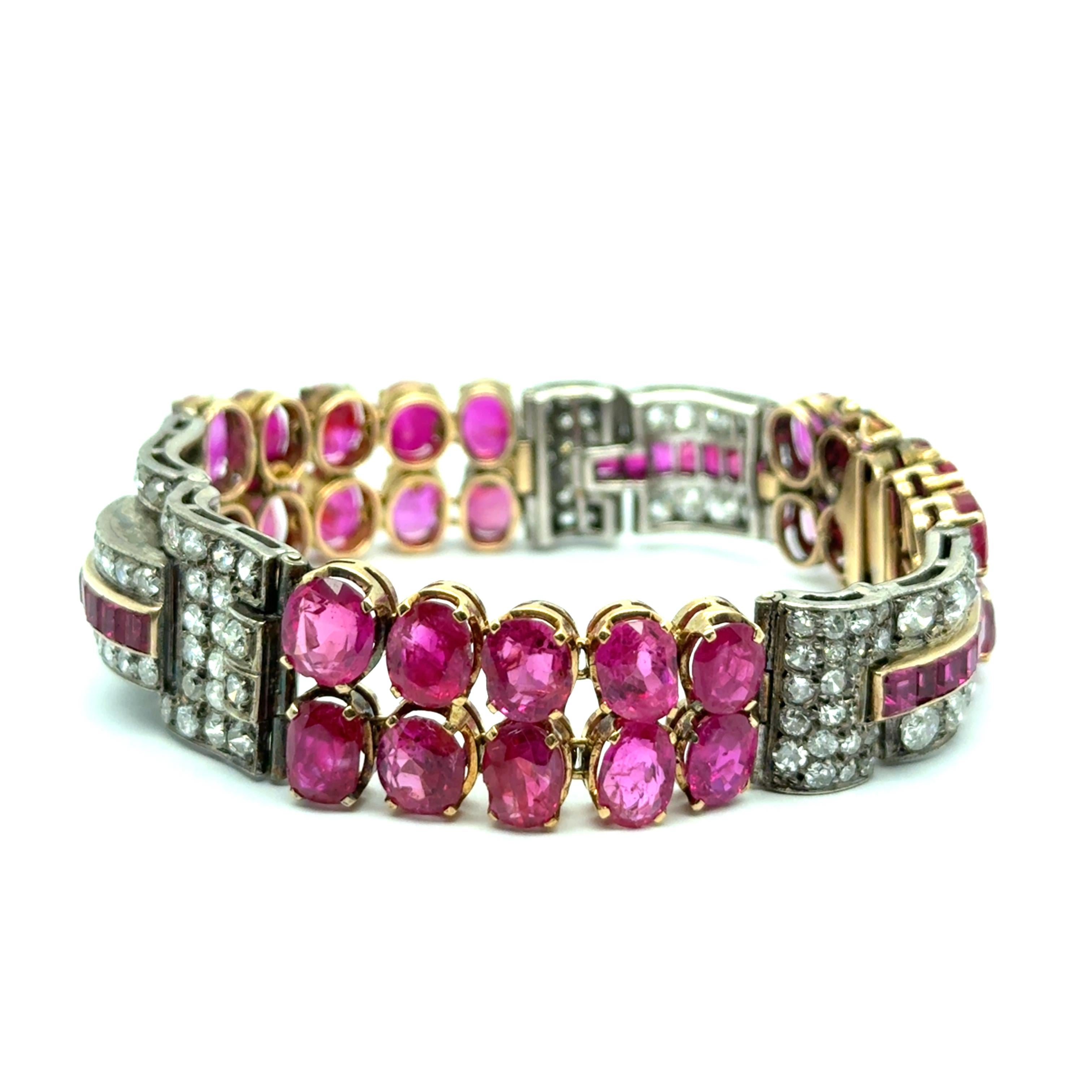 Oval Cut Art Deco Ruby & Diamond Bracelet in 18K Yellow Gold and Silver For Sale