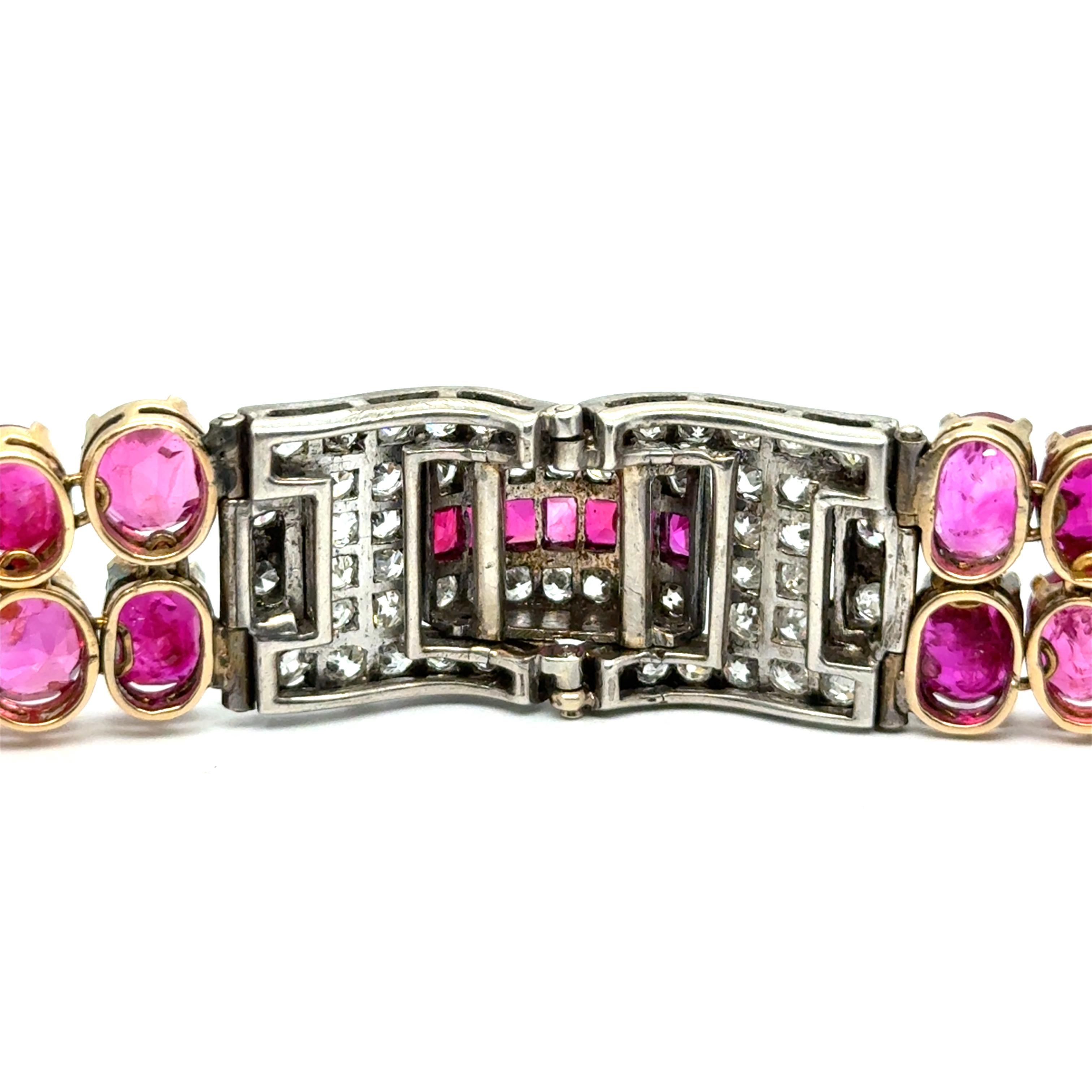 Art Deco Ruby & Diamond Bracelet in 18K Yellow Gold and Silver For Sale 1