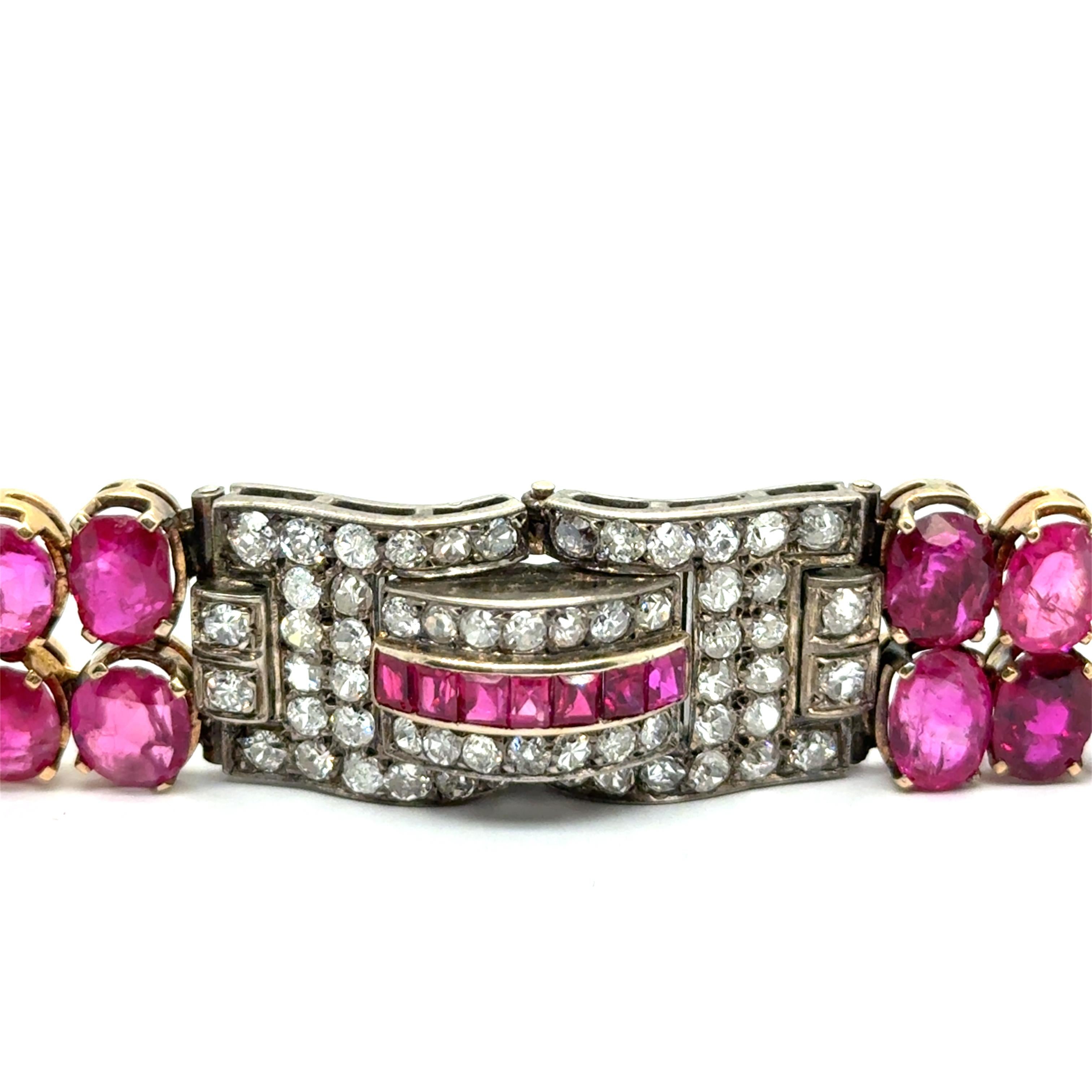Art Deco Ruby & Diamond Bracelet in 18K Yellow Gold and Silver For Sale 2