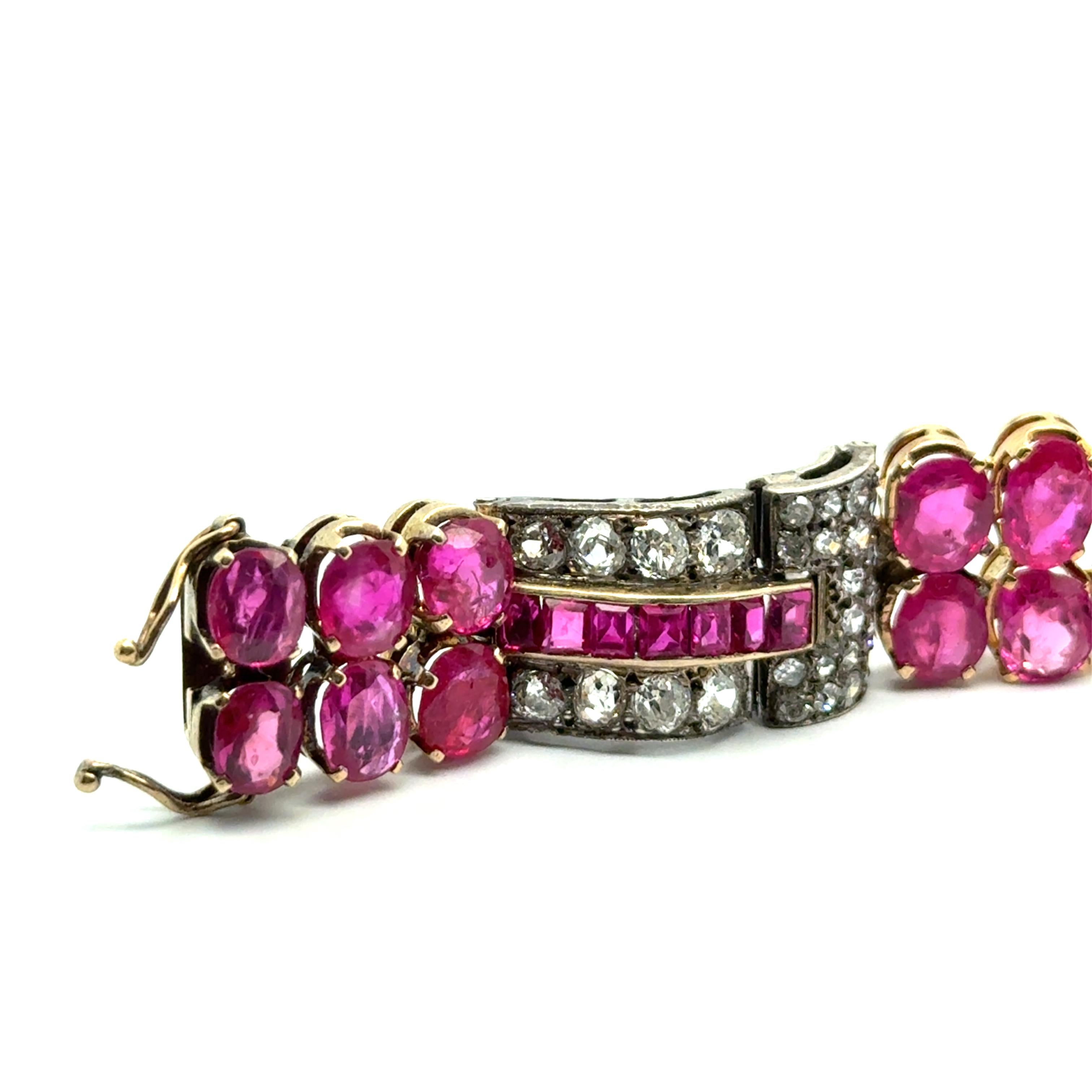 Art Deco Ruby & Diamond Bracelet in 18K Yellow Gold and Silver For Sale 3