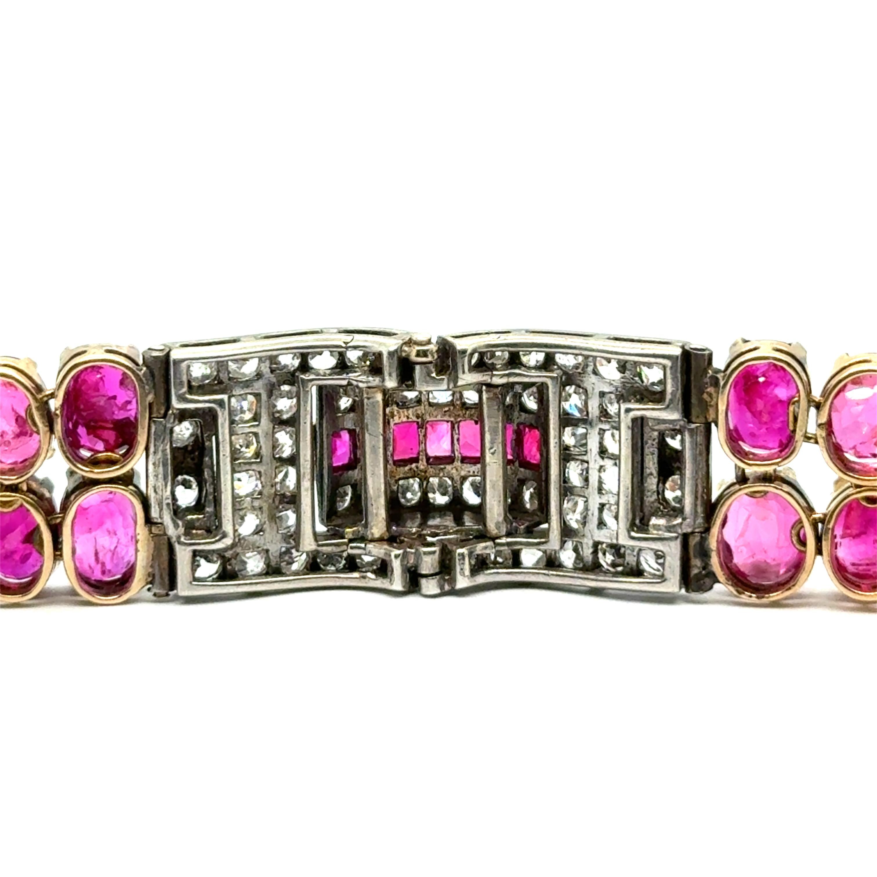 Art Deco Ruby & Diamond Bracelet in 18K Yellow Gold and Silver For Sale 4