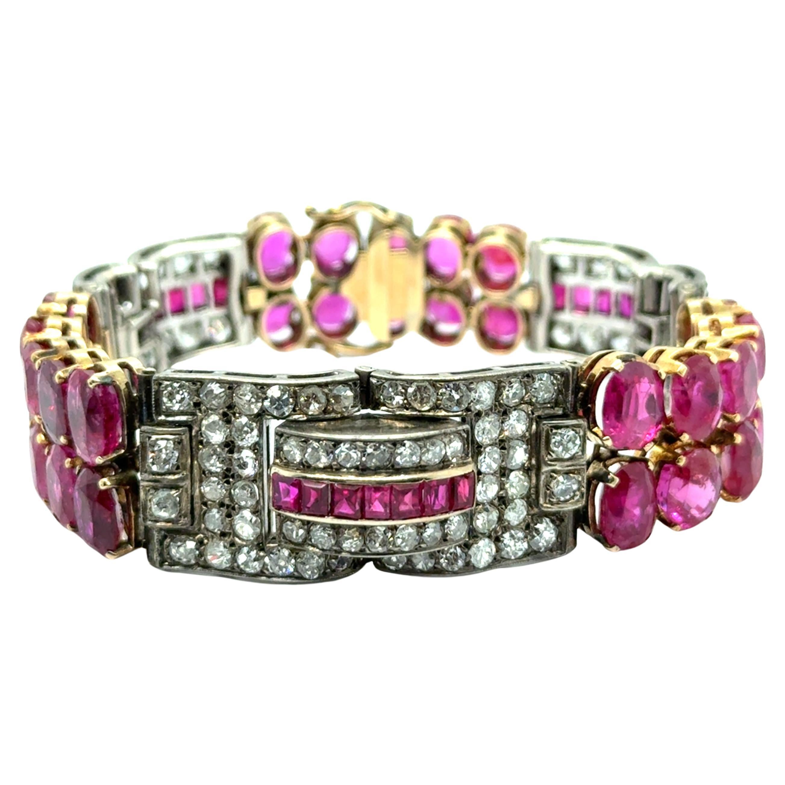 Art Deco Ruby & Diamond Bracelet in 18K Yellow Gold and Silver For Sale