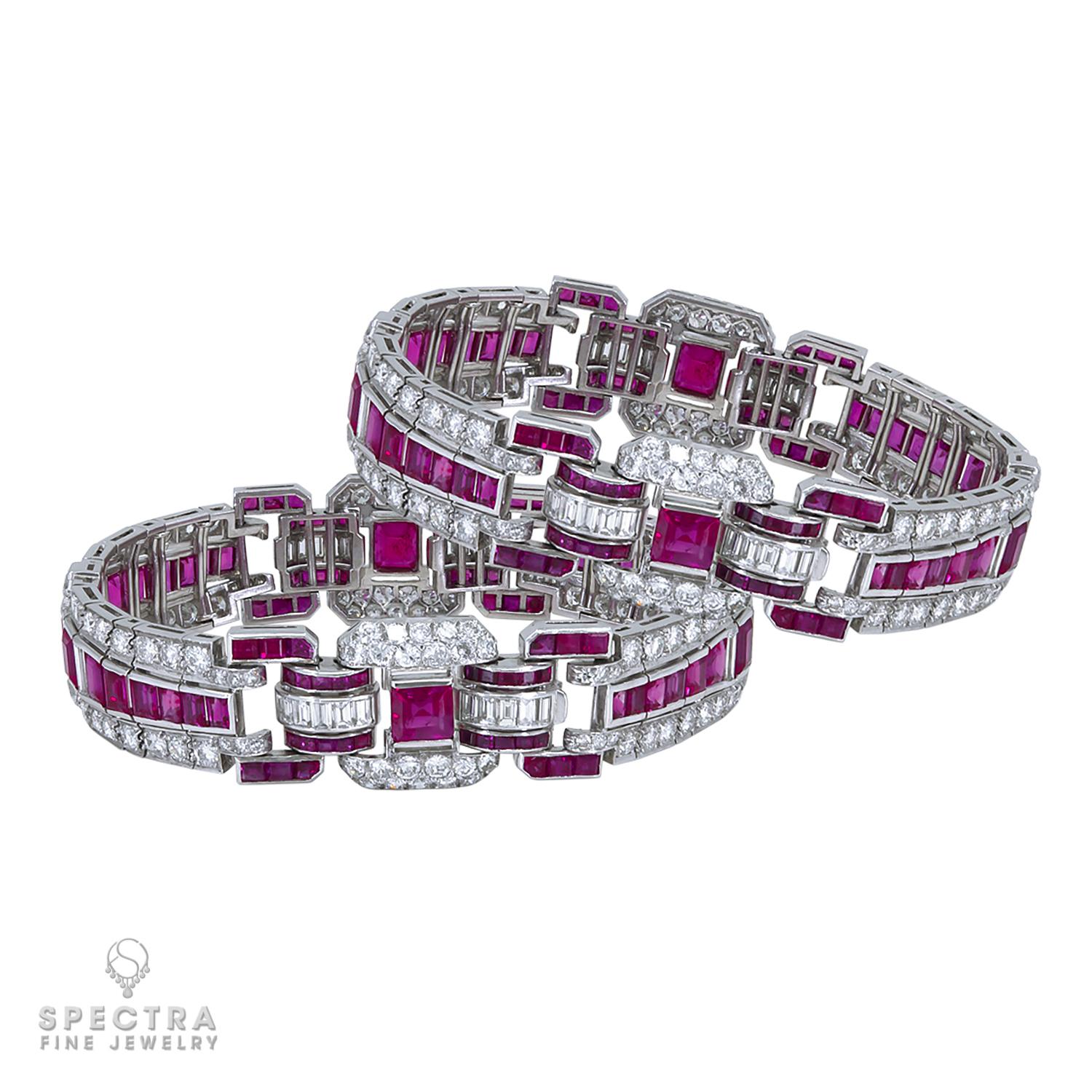 This pair of Art Deco Vintage Ruby Diamond Bracelets hits all the spectacular notes of the Jazz Age. The bracelets are crafted in platinum and composed of articulated links set with 32 square and calibré-cut rubies, and 352 diamonds for the pair