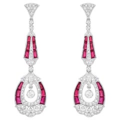 Art Deco Style Ruby Diamond Dangle Cocktail Earring 18 Karat White Gold