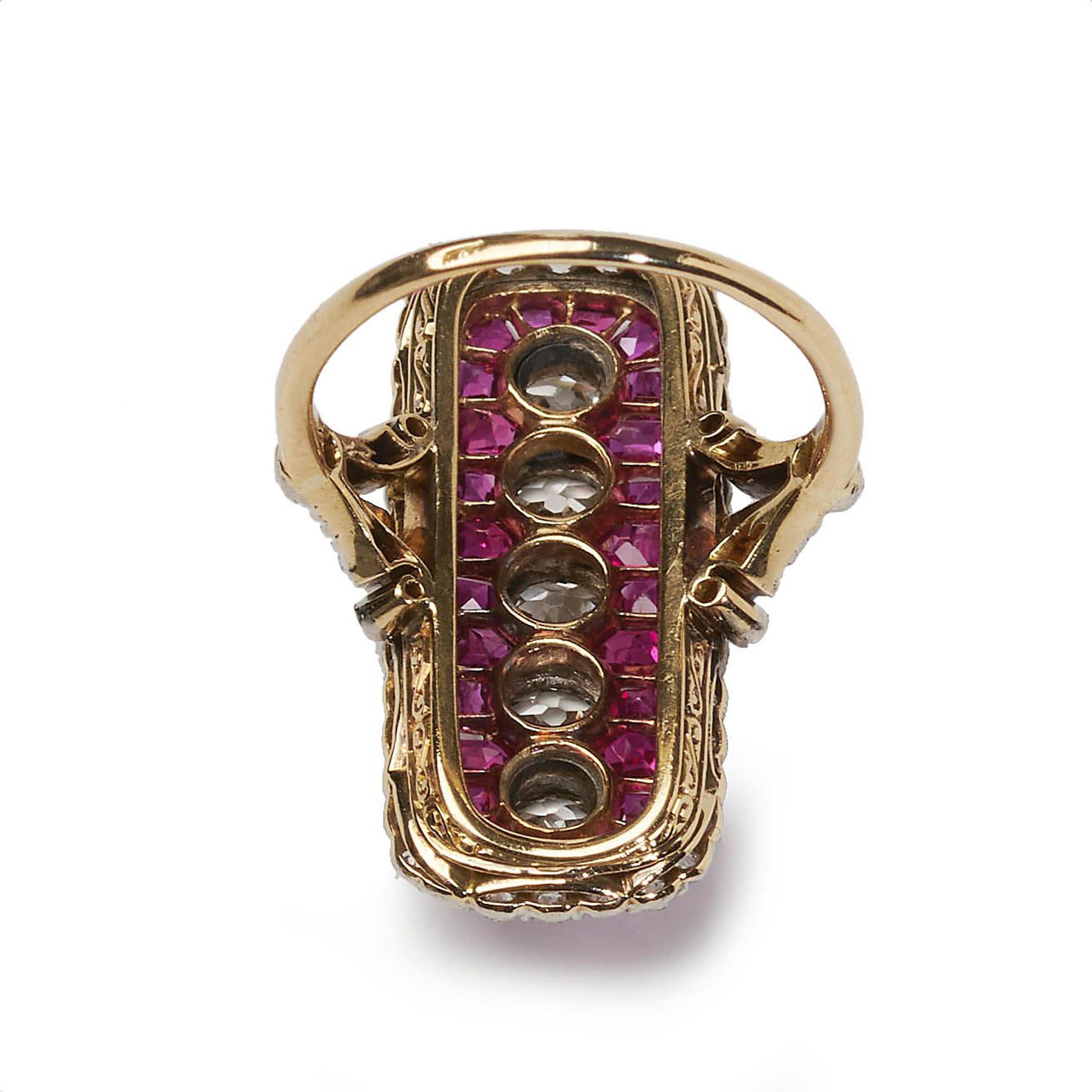 Old Mine Cut Art Deco Ruby, Diamond, Gold and Platinum Plaque Ring, circa 1920 For Sale