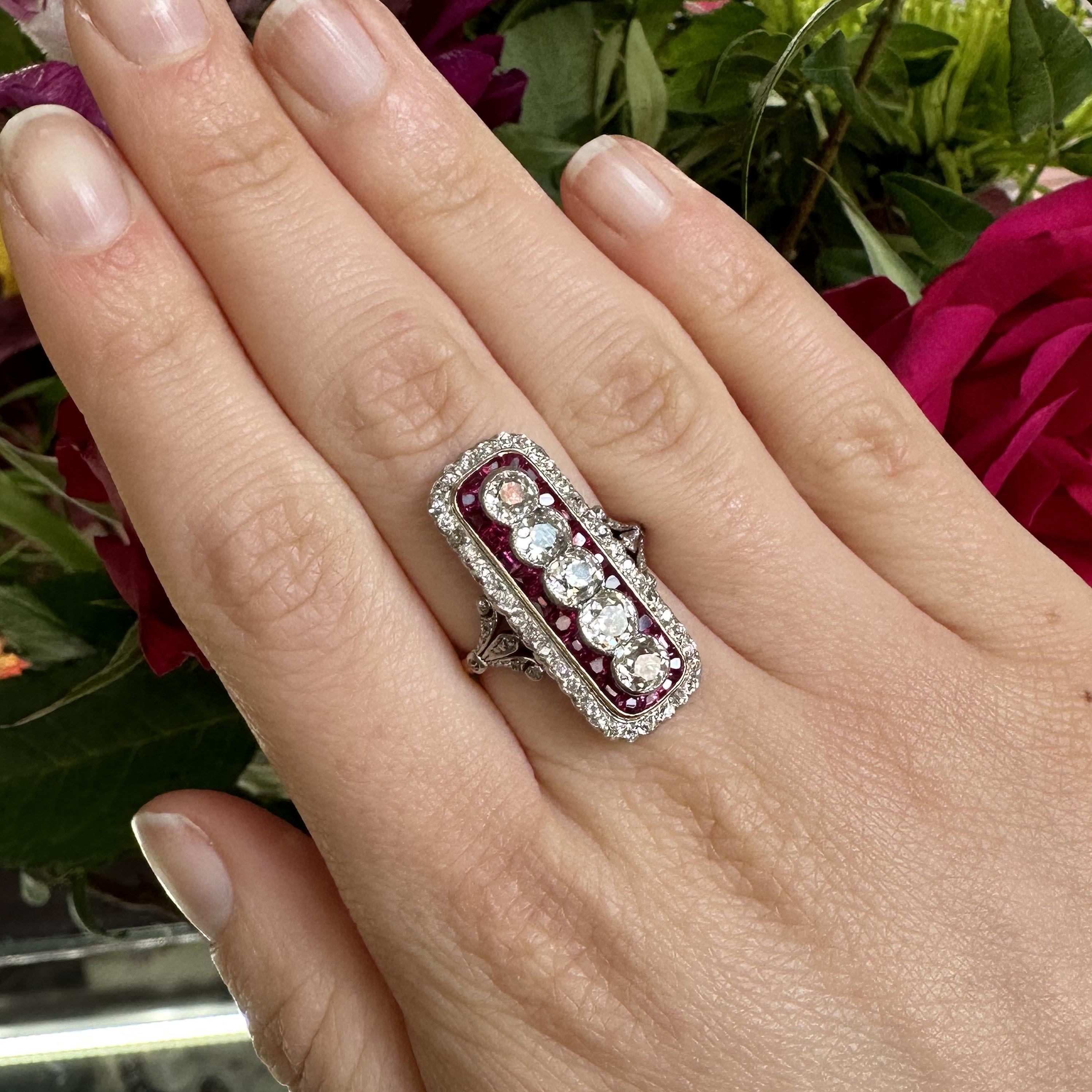 Old Mine Cut Art Deco Ruby, Diamond, Gold and Platinum Plaque Ring, circa 1920 For Sale