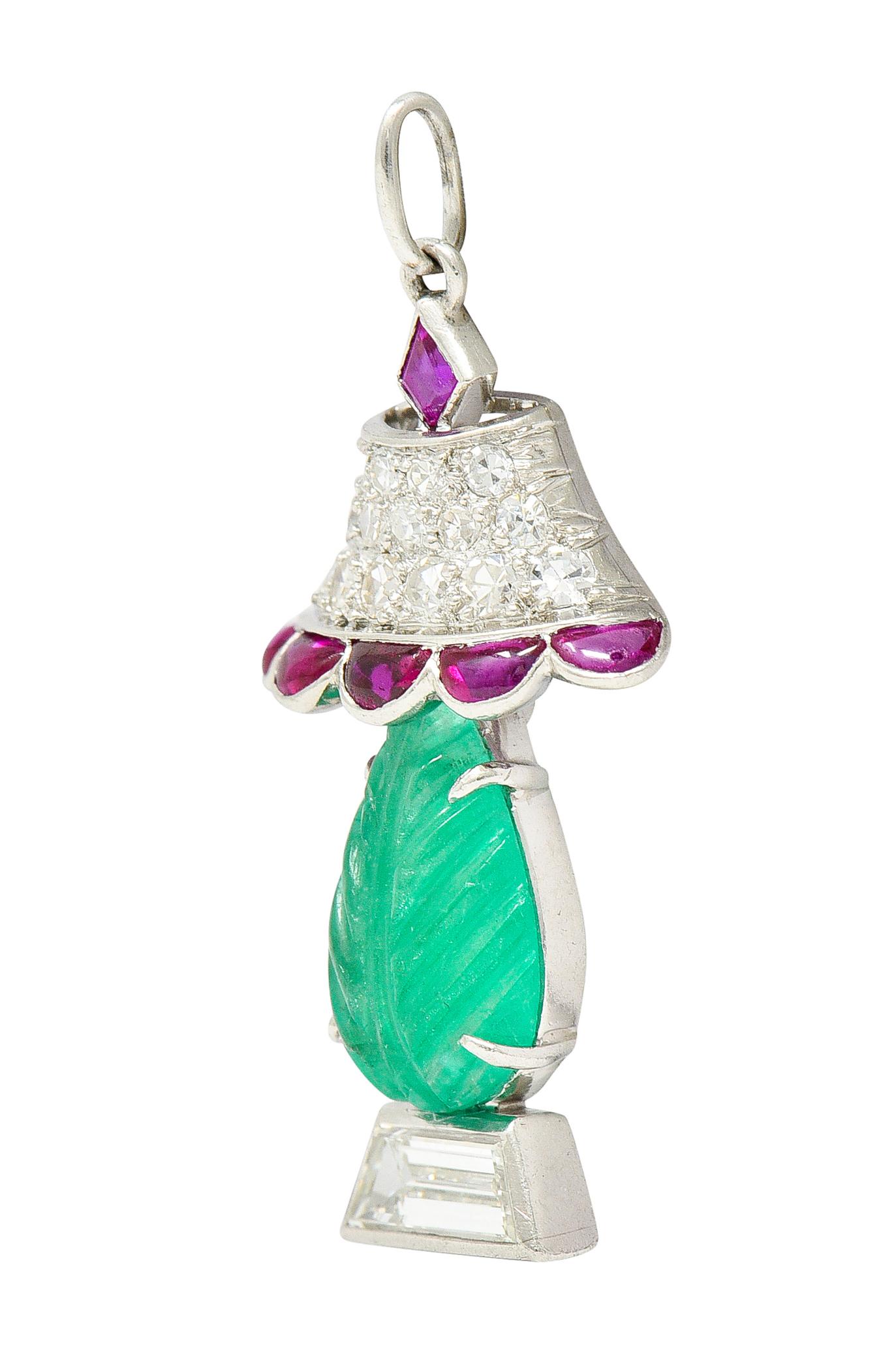 Art Deco Ruby Diamond Mughal Emerald Platinum Lamp Charm In Excellent Condition In Philadelphia, PA