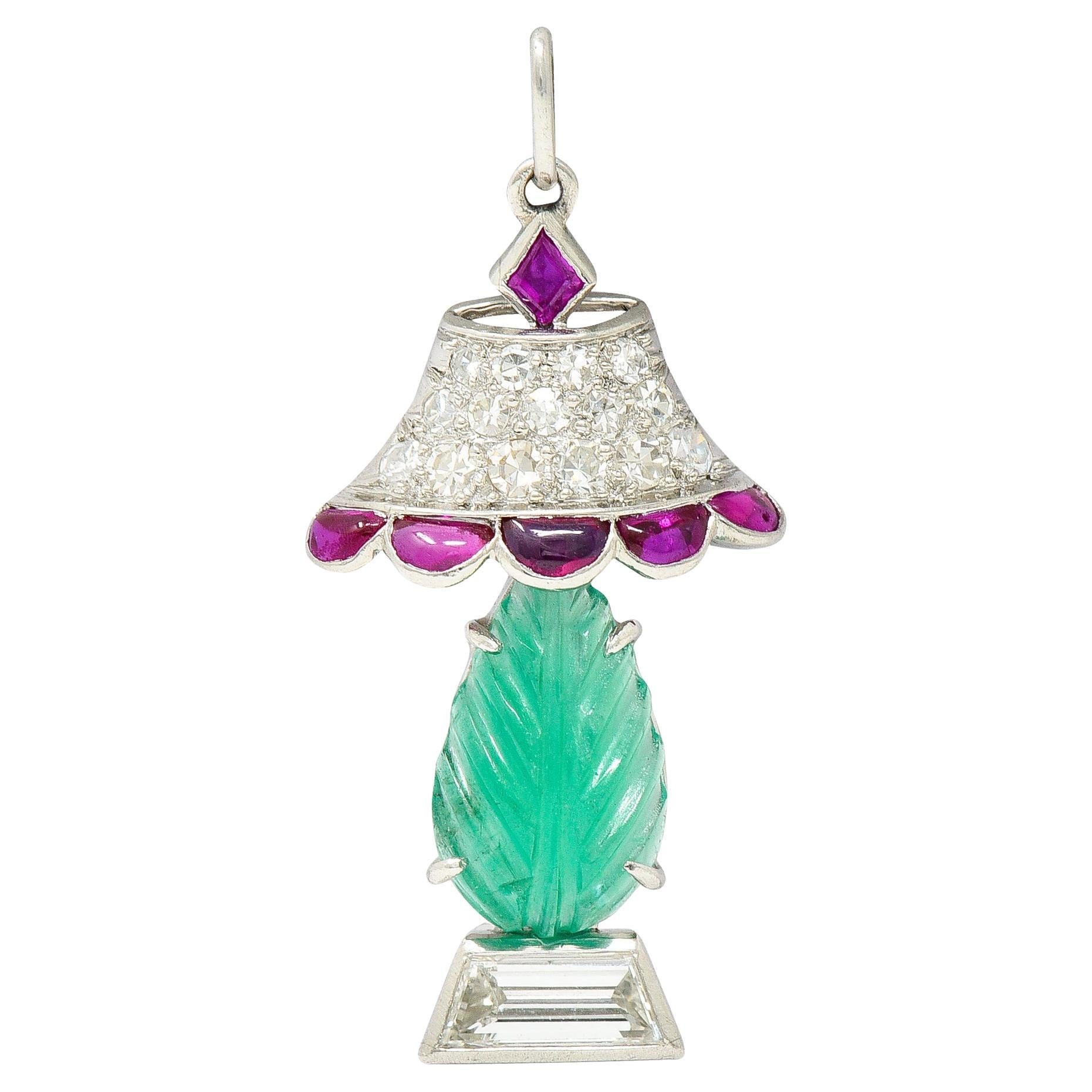 Art Deco Ruby Diamond Mughal Emerald Platinum Lamp Charm