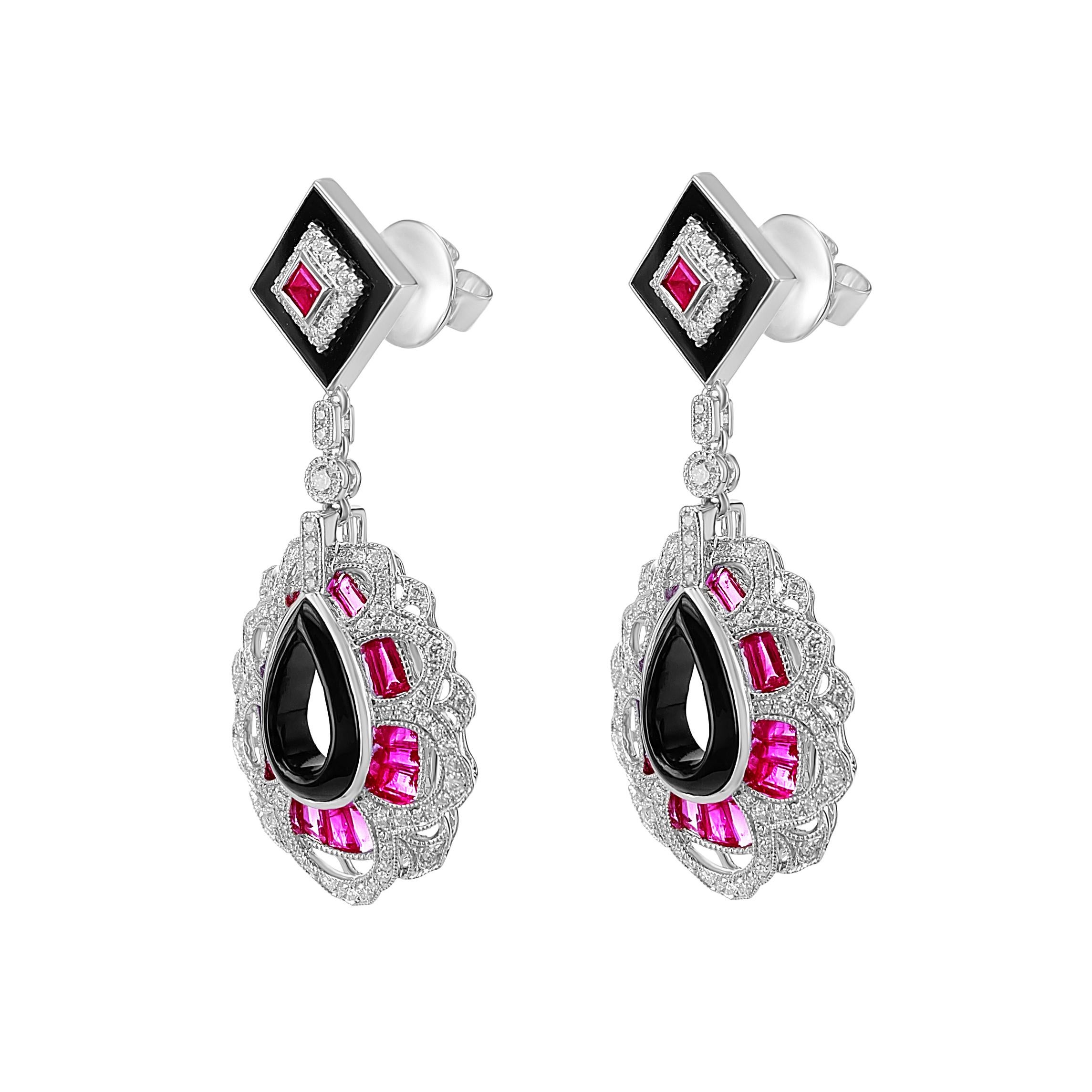2.64 carats of Ruby and 0.79 carats of Diamond are set with Onyx to assemble together an art deco style earring. The earring can be bought as a stand-alone earring or as a set with the bangle. Please check the bangle as well from our recent