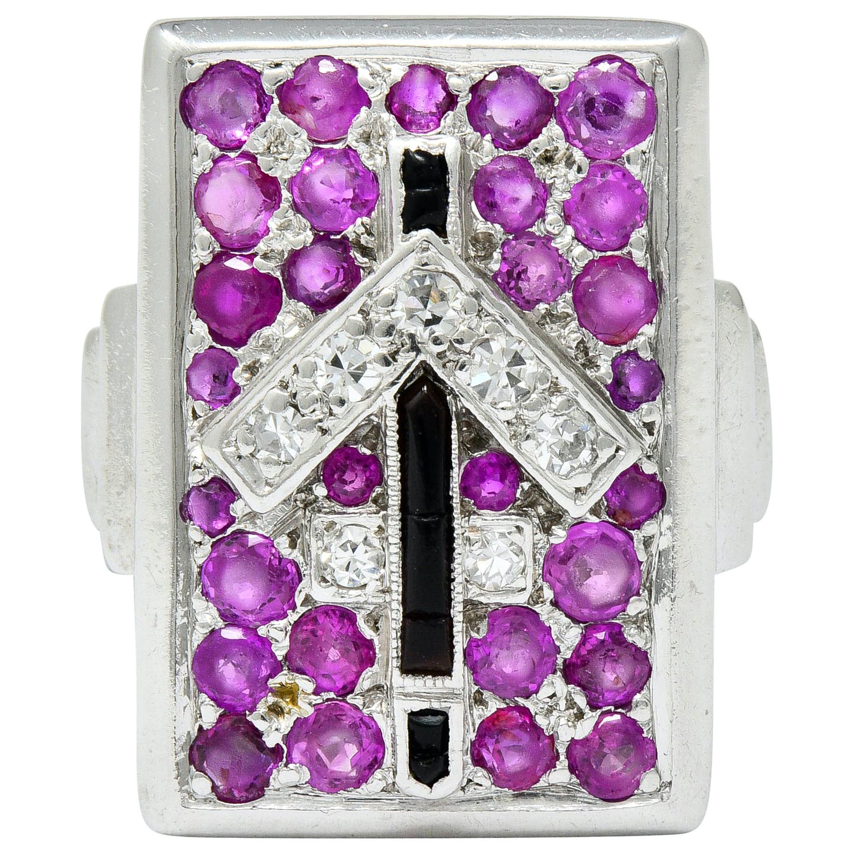 Art Deco Ruby Diamond Onyx Platinum Zodiac Sagittarius Ring