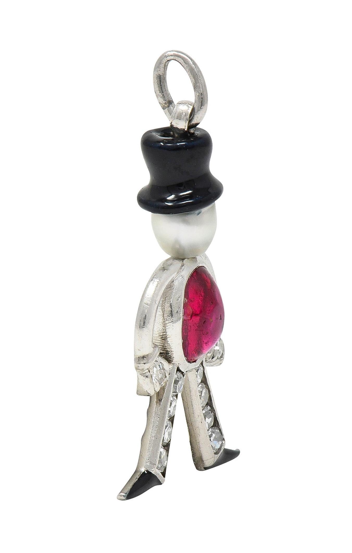 Art Deco Ruby Diamond Pearl Enamel Platinum Vintage Top Hat Man Charm In Excellent Condition For Sale In Philadelphia, PA
