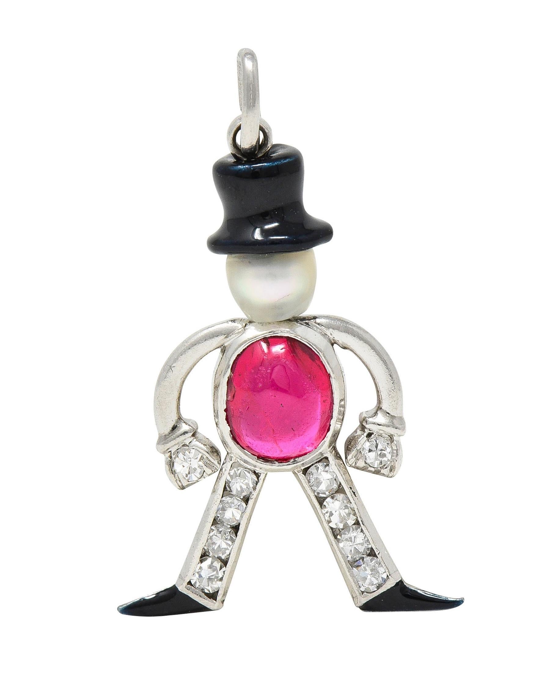 Art Deco Ruby Diamond Pearl Enamel Platinum Vintage Top Hat Man Charm For Sale 3