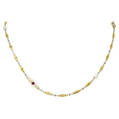 Art Deco Ruby Diamond Pearl Platinum 18 Karat Gold Link Necklace