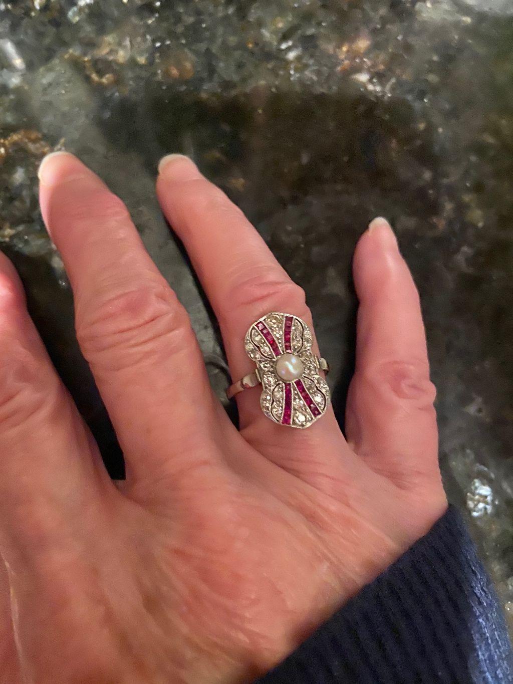 Art Deco Ruby Diamond Pearl Ring 3